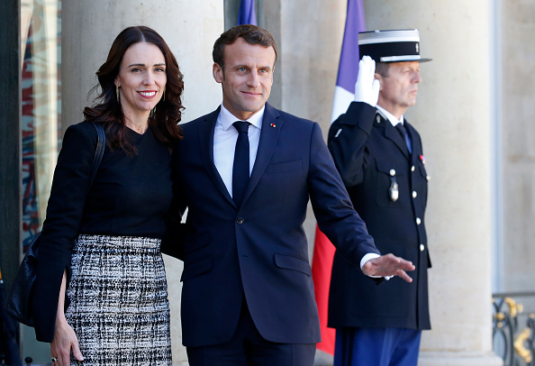 French President Emmanuel Macron welcomes Jacinda Ardern to Paris prior to their meeting over the...