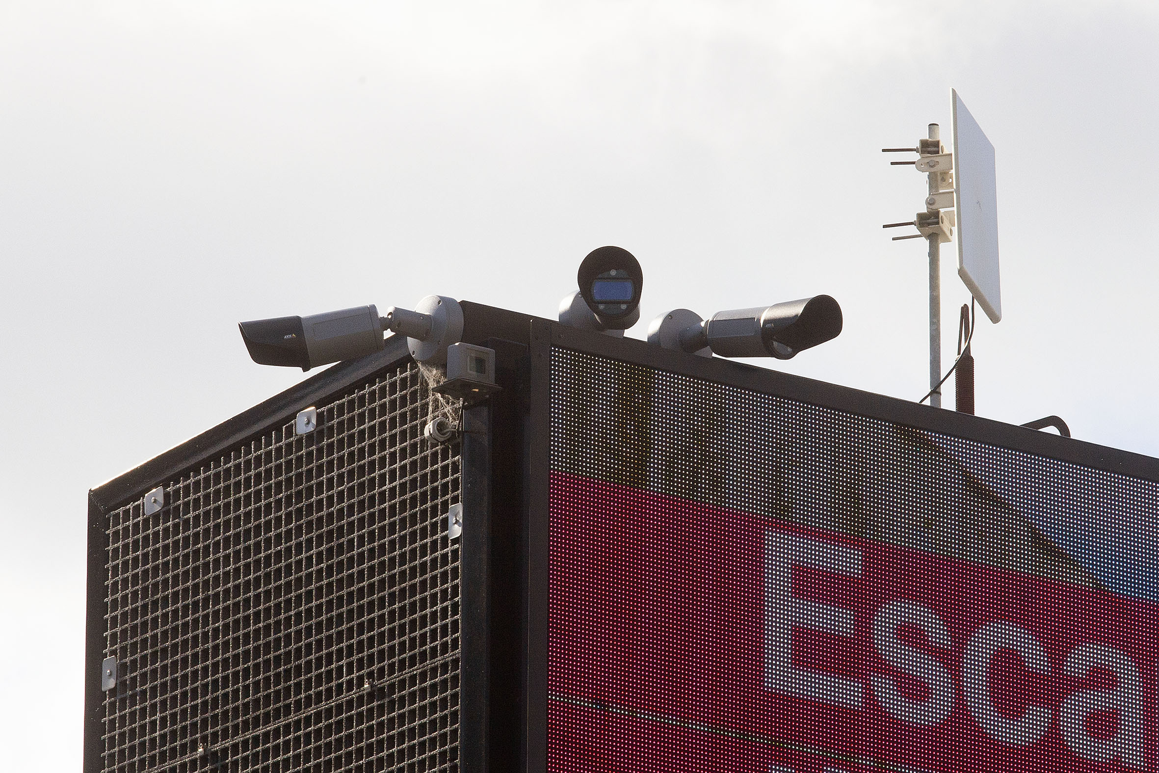 Cameras on the top of a billboard on the corner of Colombo and Brougham Sts.  Photo: Geoff Sloan