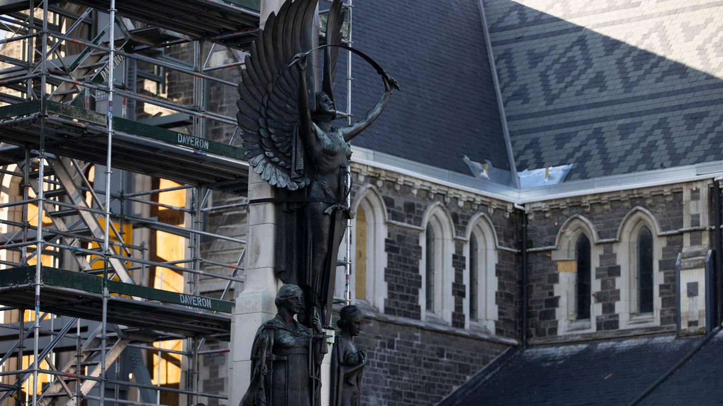 Work to carefully deconstruct the earthquake-damaged Citizens' War Memorial outside Christ Church...