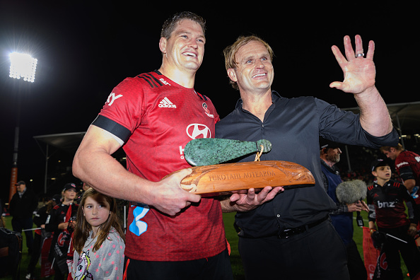 Scott Barrett and Scott Robertson with the Tū Kōtahi Aotearoa trophy after their Super Rugby...