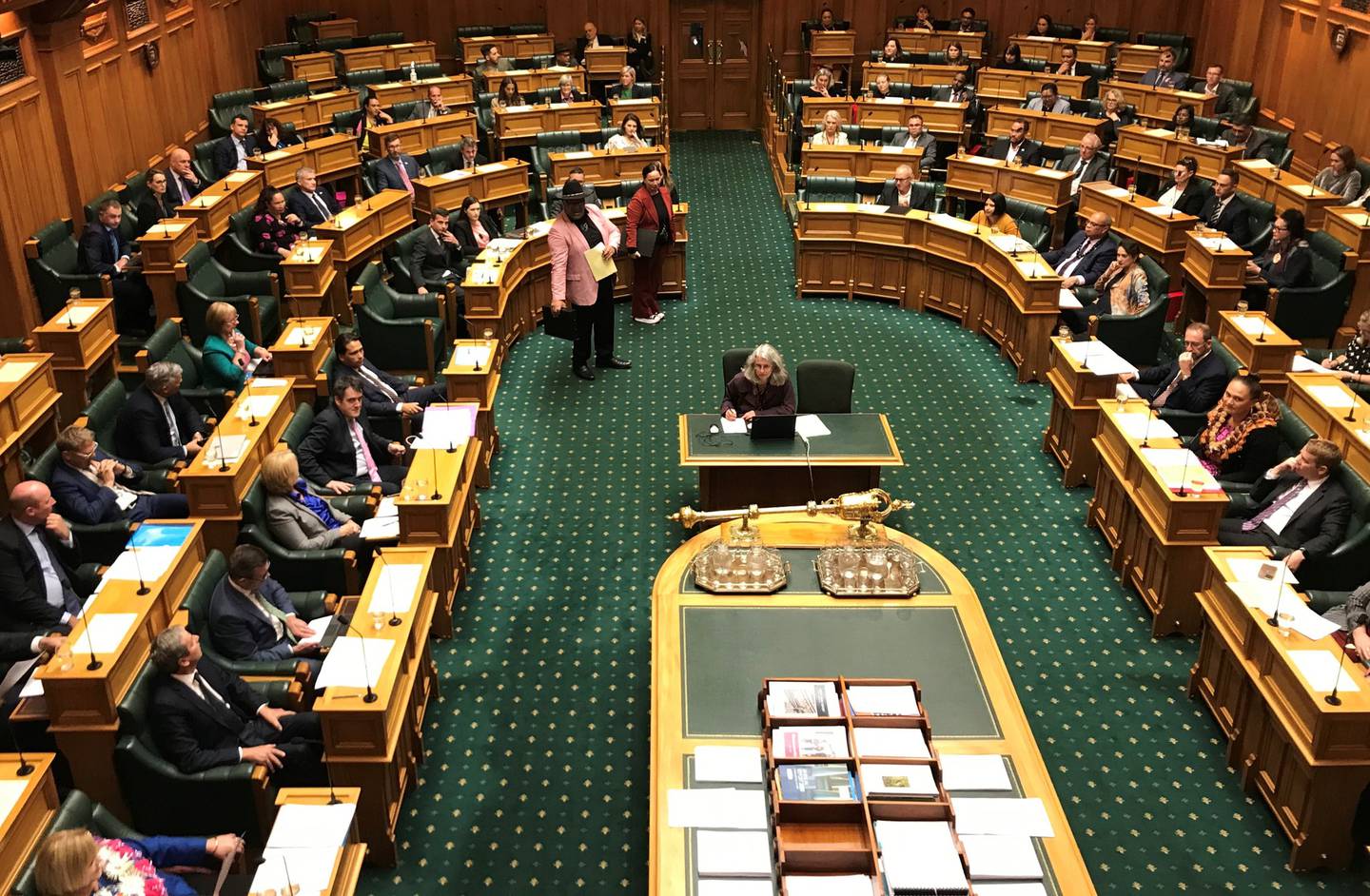 Māori Party co-leaders Debbie Ngarewa-Packer and Rawiri Waititi prepare to walk out of the House....