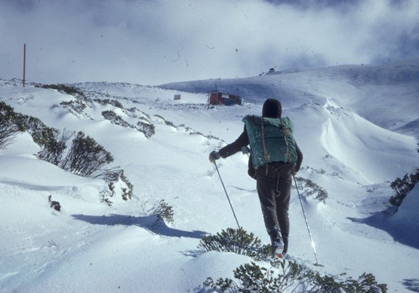 A skier makes his way to the old Leaning Lodge hut about 55 years ago.  PHOTO:  PETE STRANG