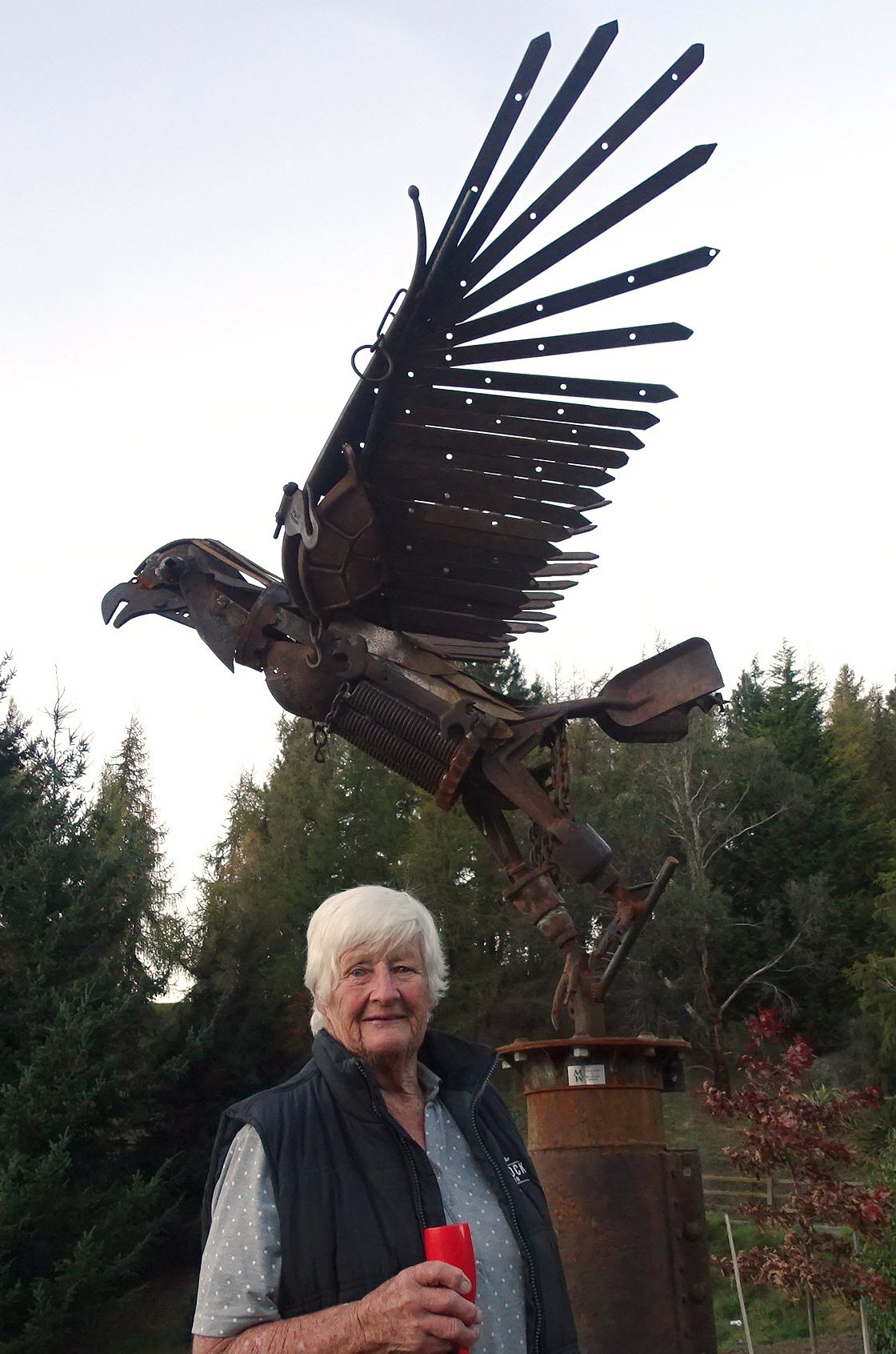 Jill Blennerhassett stands in front of her latest commissioned metal sculpture, mounted in the...