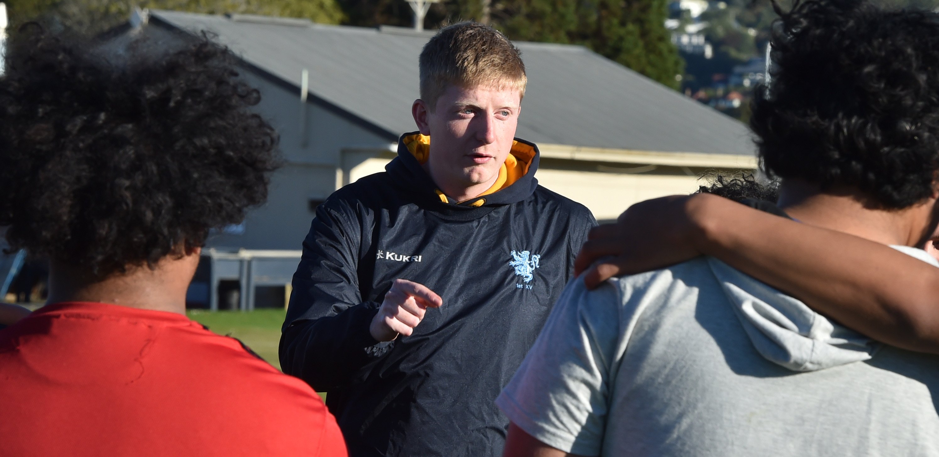 New King’s High School first XV coach Niall Gregg gives his players some instructions during a...