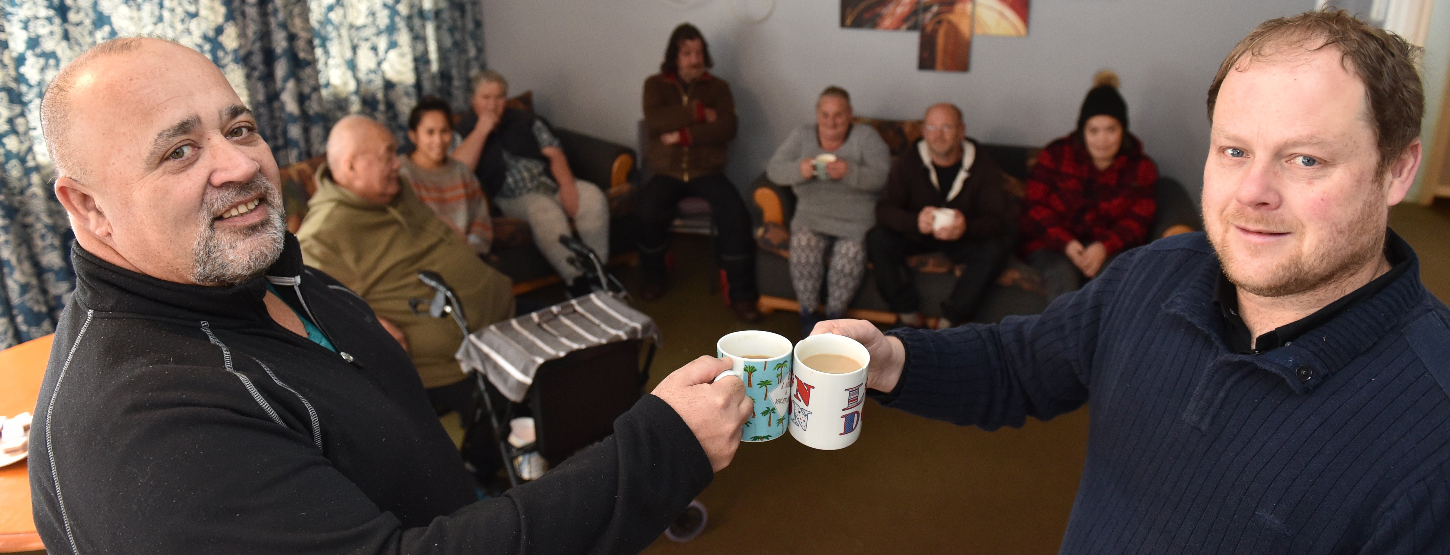 Enjoying a cuppa and a yarn together at the Cedar Tree Lodge yesterday afternoon are (front, left...