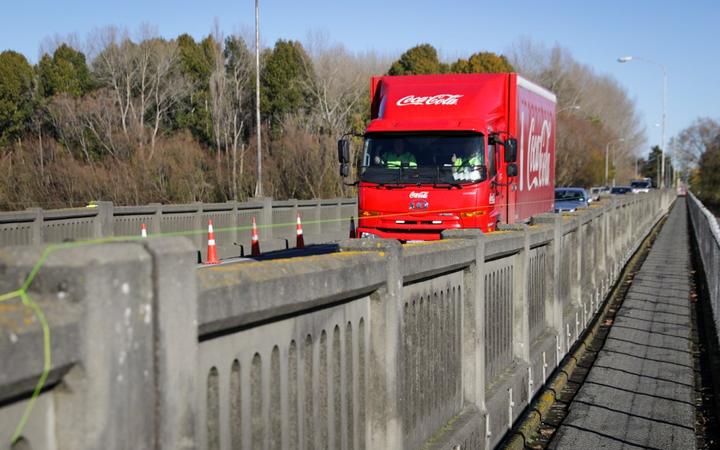 A truck passes over the reopened Ashburton River bridge. Photo: RNZ