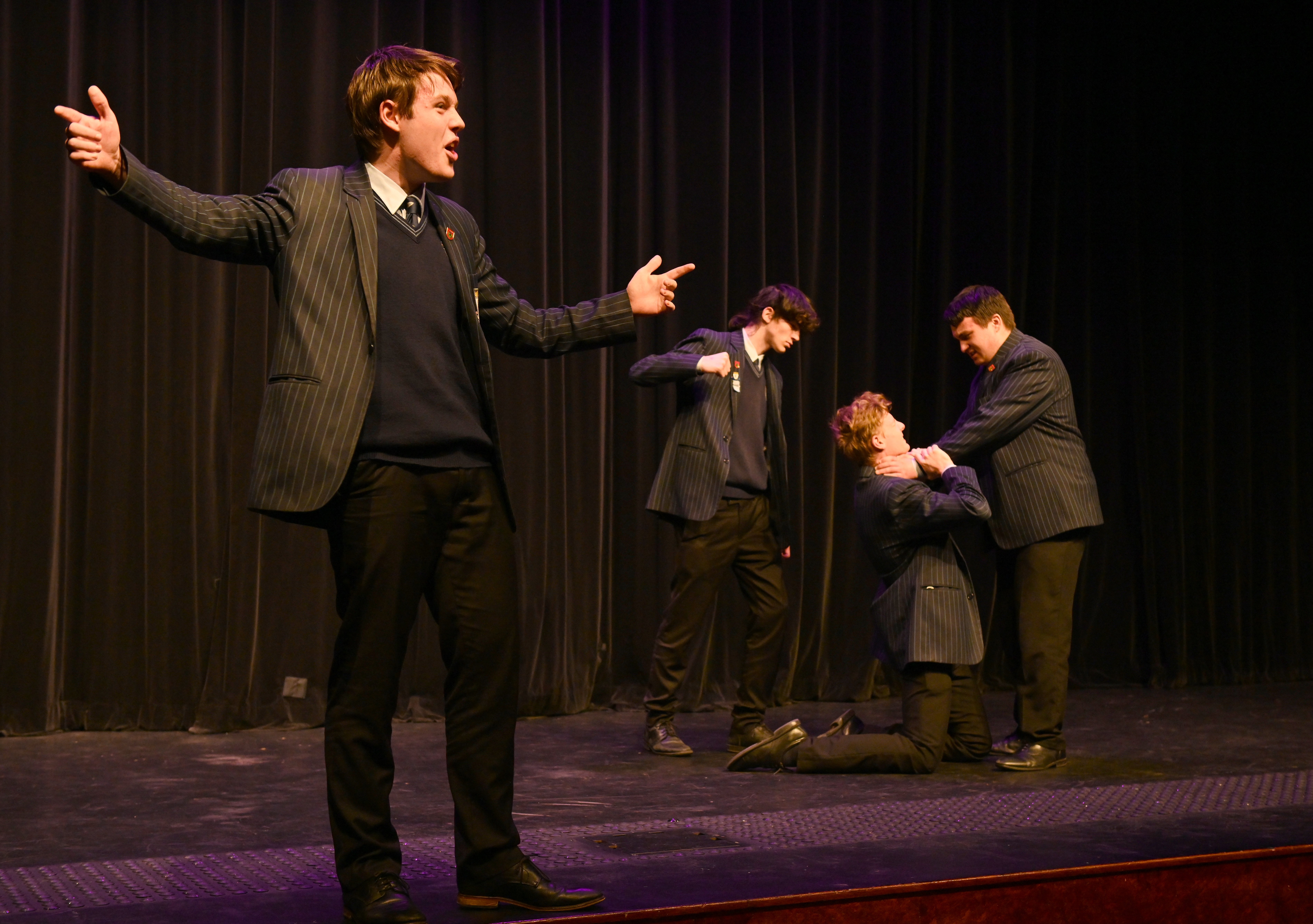 Zac Bell (front) performs a scene from Romeo and Juliet with fellow King’s High School pupils (from left) Cullan Rolton, Daniel Honey and Zed Ramsay. PHOTO: LINDA ROBERTSON