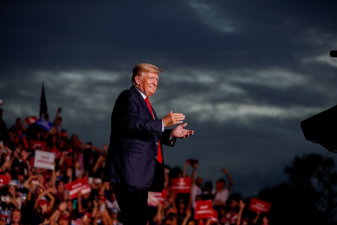 Donald Trump arrives at the Sarasota Fairgrounds to speak to his supporters during the Save...