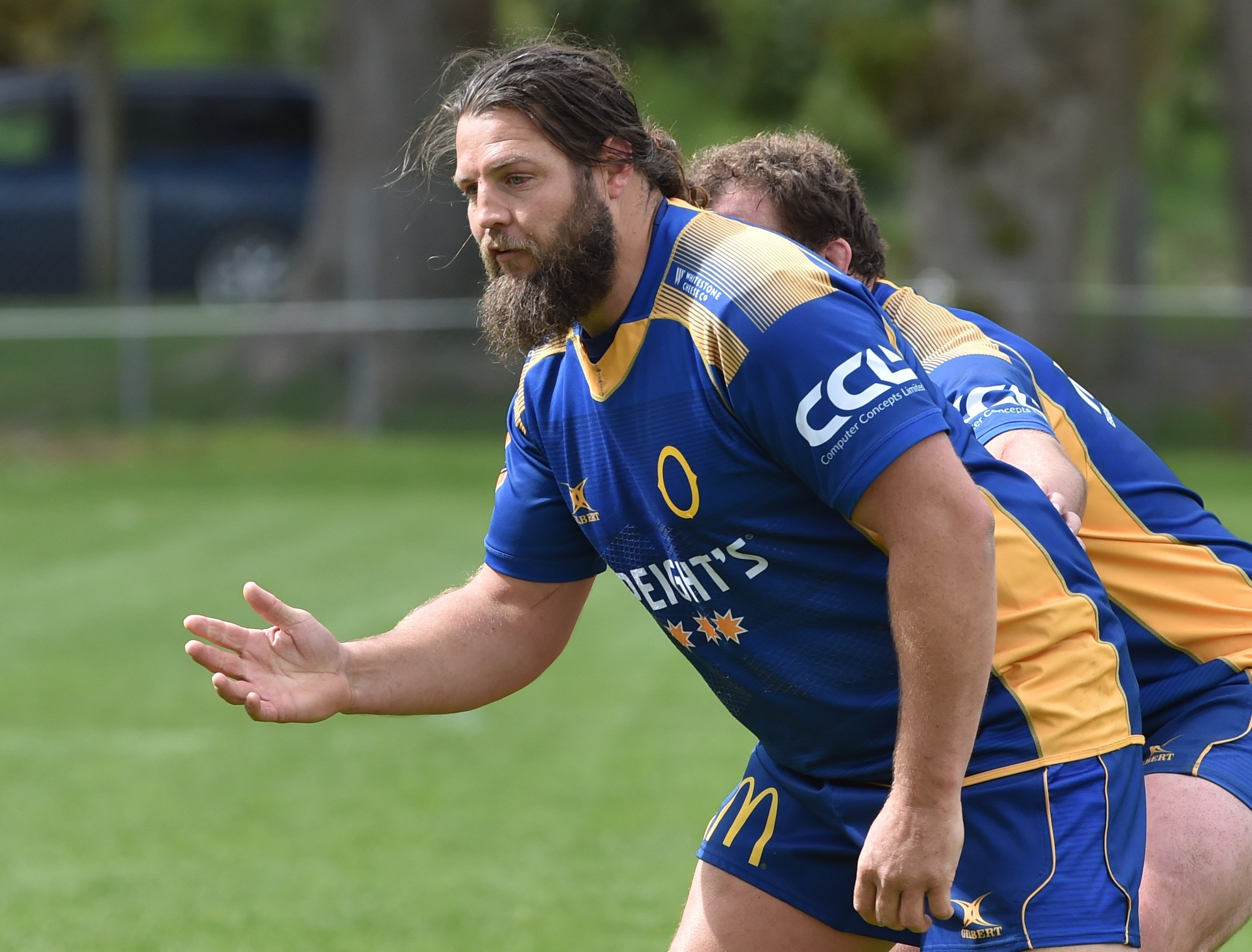 Otago prop Josh Hohneck gets ready to receive a pass with front row partner Liam Coltman ...