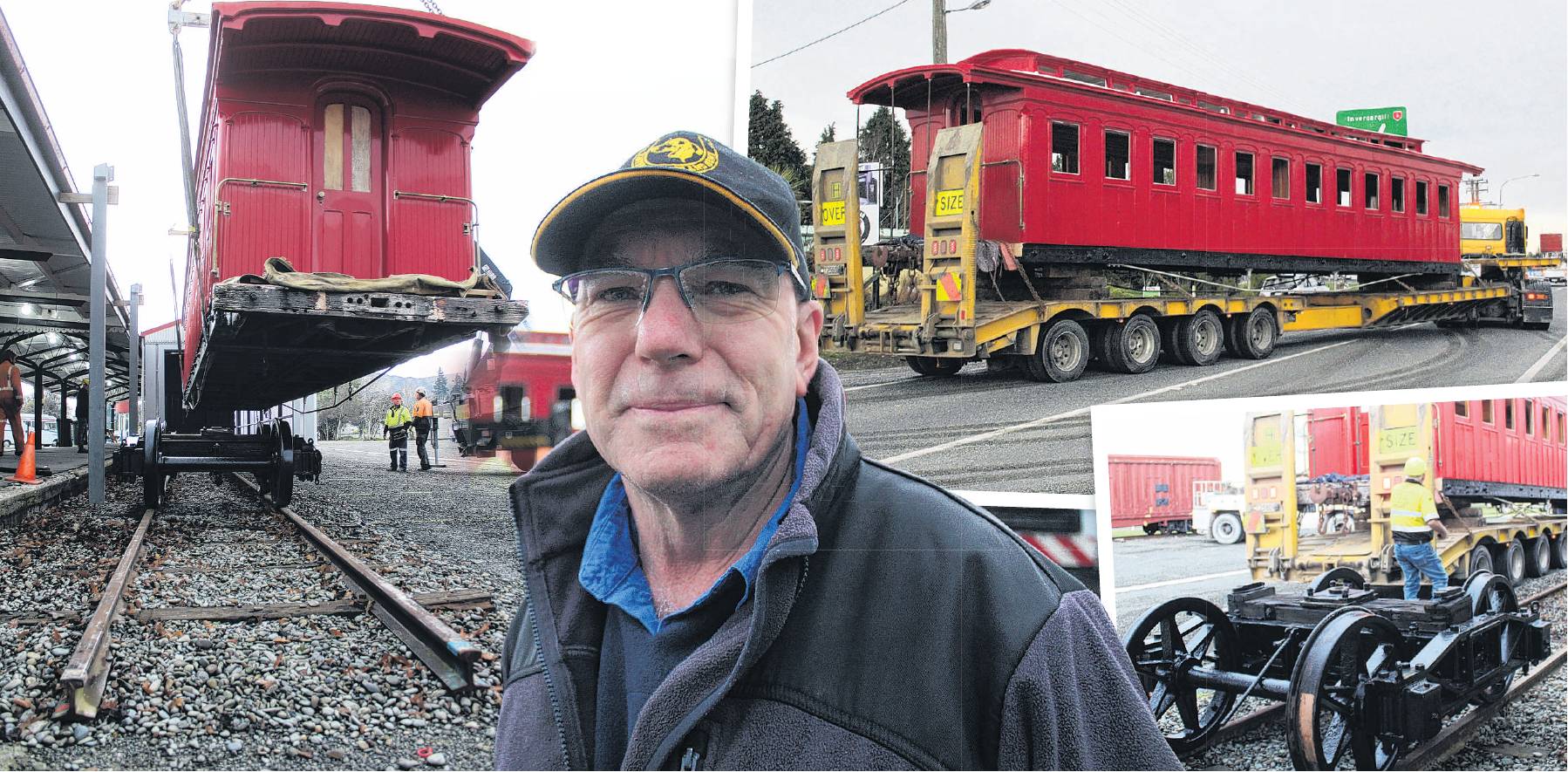 The railway carriage A199, recovered from Wairio, in Western Southland, last year, is delivered to its new home at the Lumsden Railway Precinct yesterday. Lumsden Heritage Trust chairman John Titter says it was an exciting day for all those who had helped