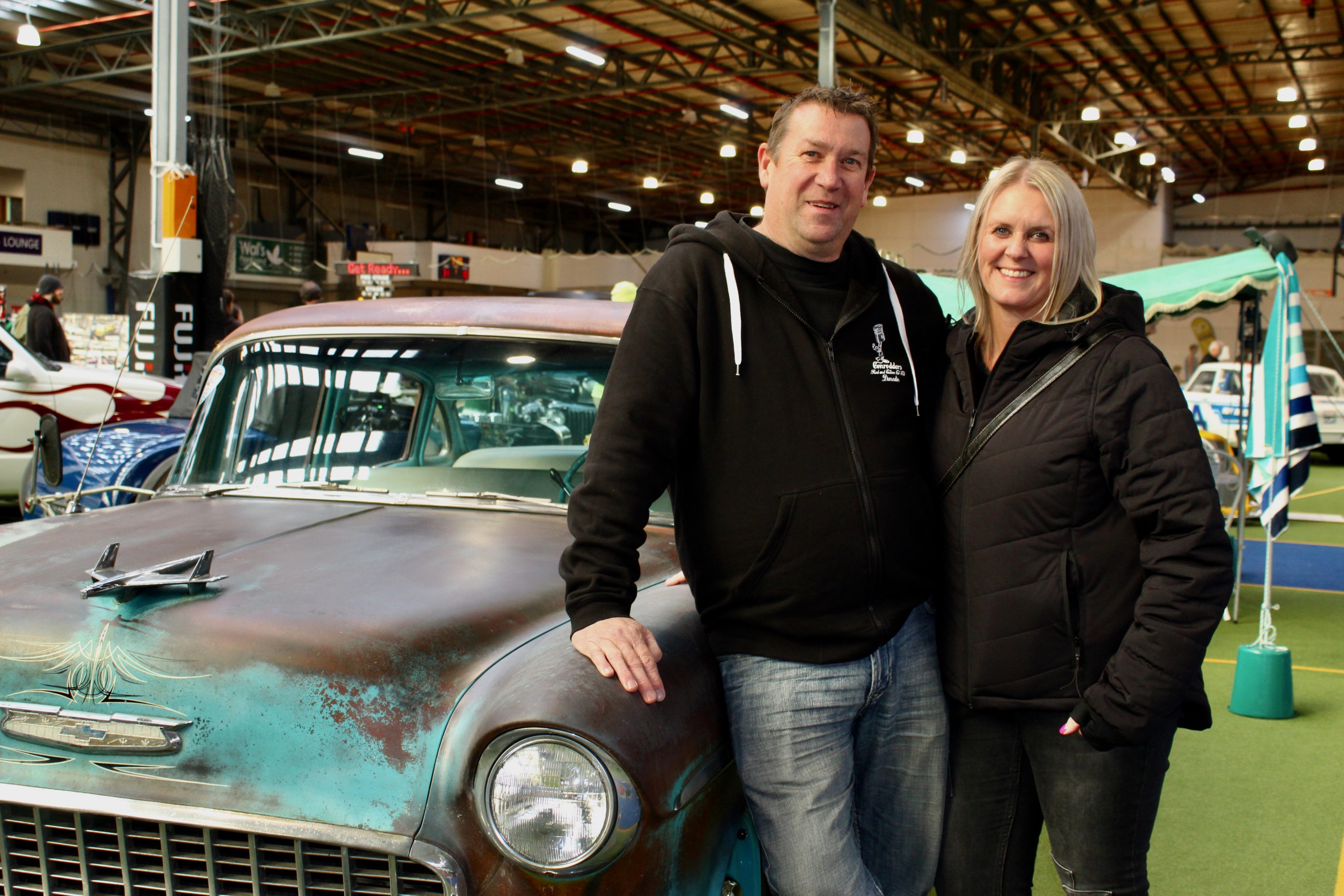 Car and caravan . . . Dunedin couple Kevin Patrick and Tanya Eastlake with their ’55 Chevy at the...