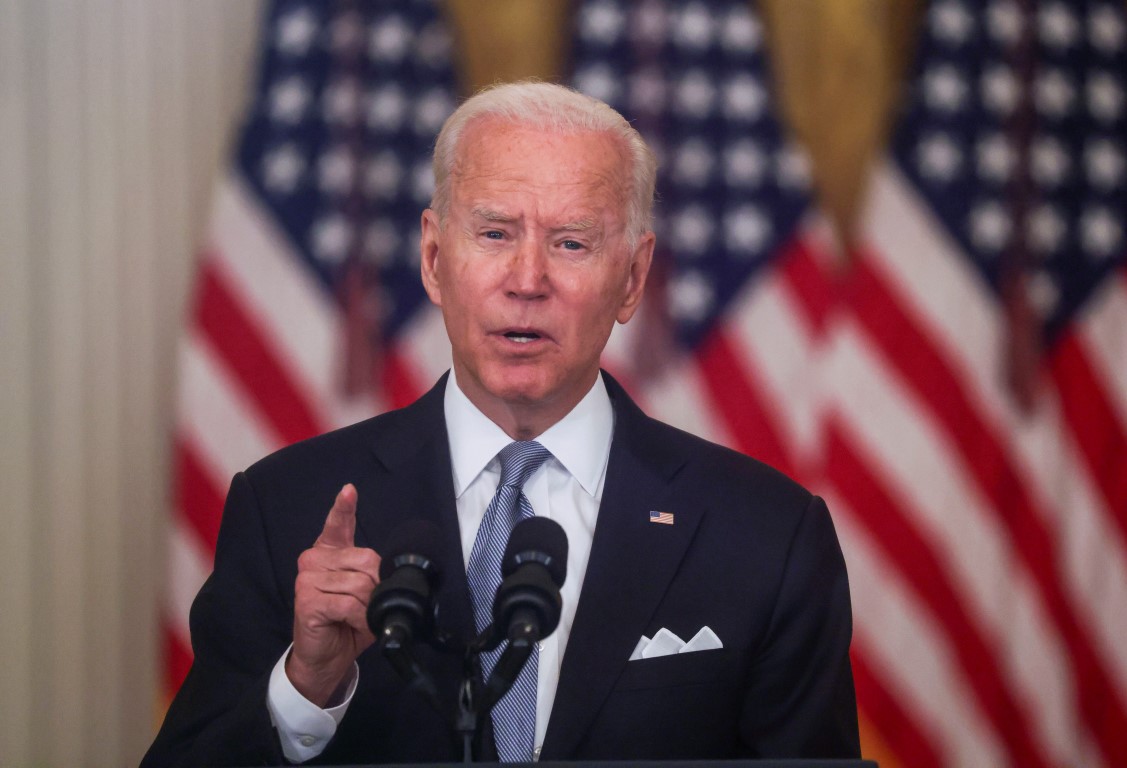 US President Joe Biden delivers remarks on the crisis in Afghanistan during a speech in the East...