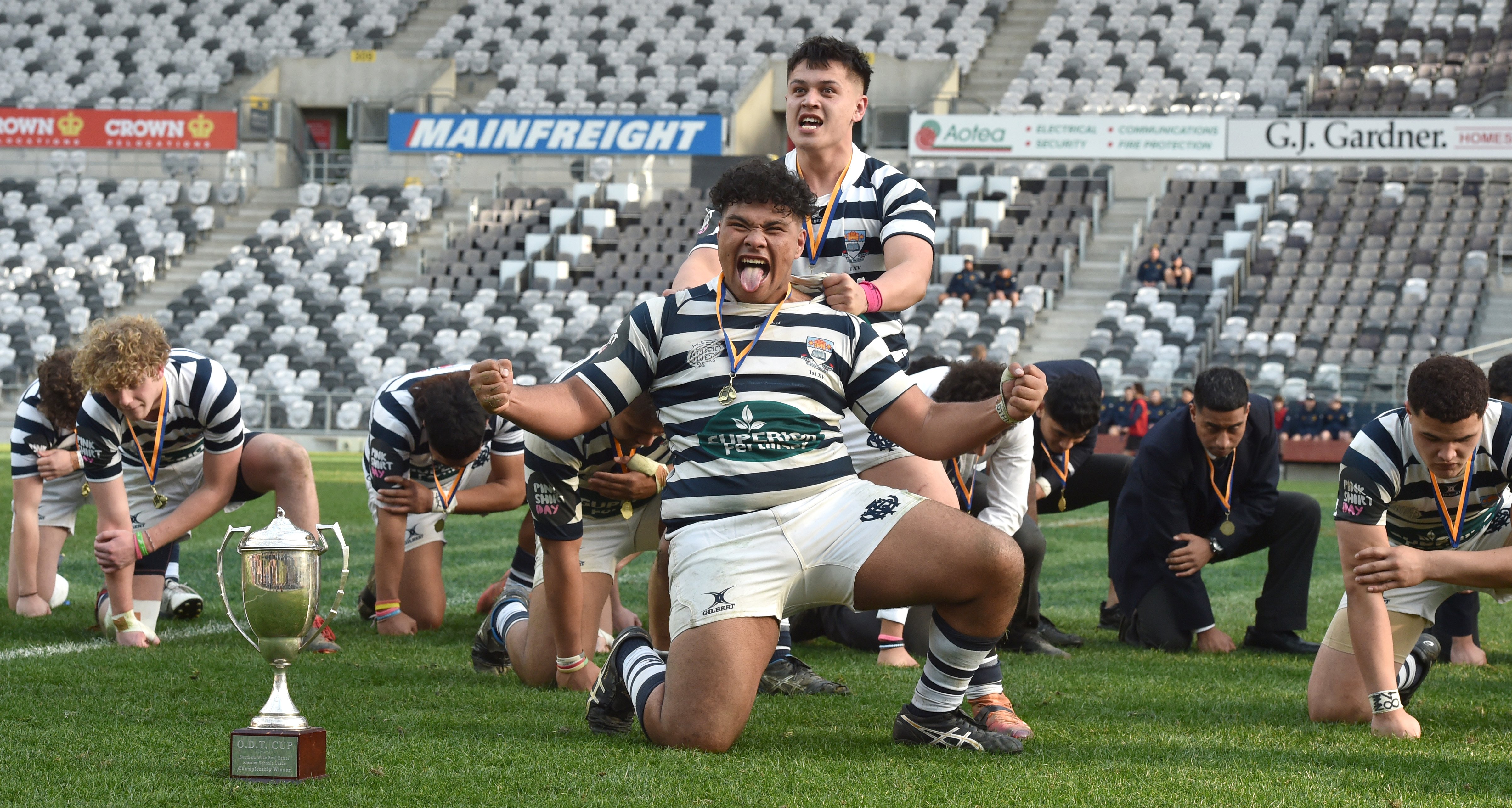 Otago Boys’ High School rugby players Petelo Amato (front) and Cruz Wallace lead a haka to...