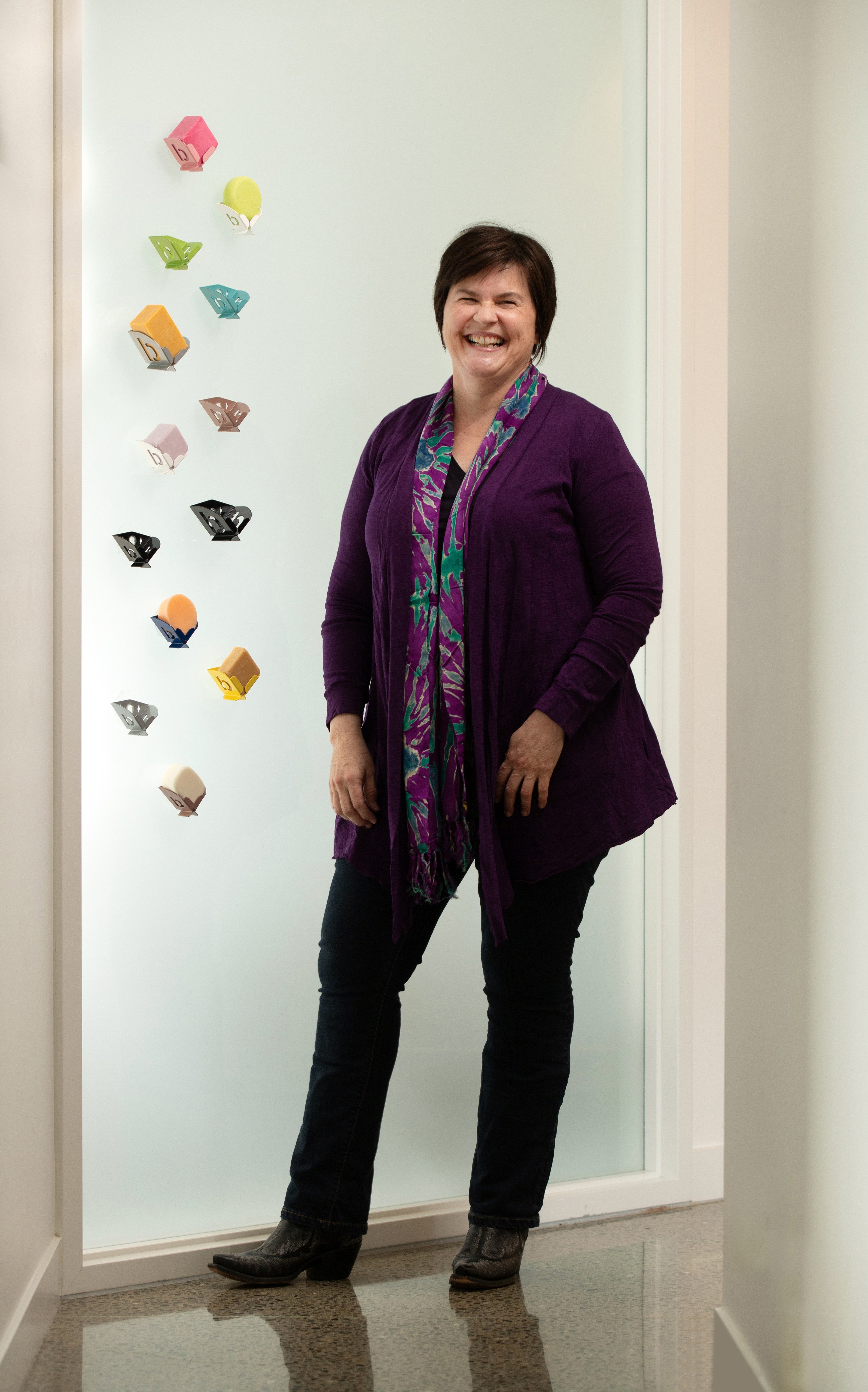 Former Dunedin woman Clare Wilson and the soap block holders she has designed. PHOTO: TIM CUFF