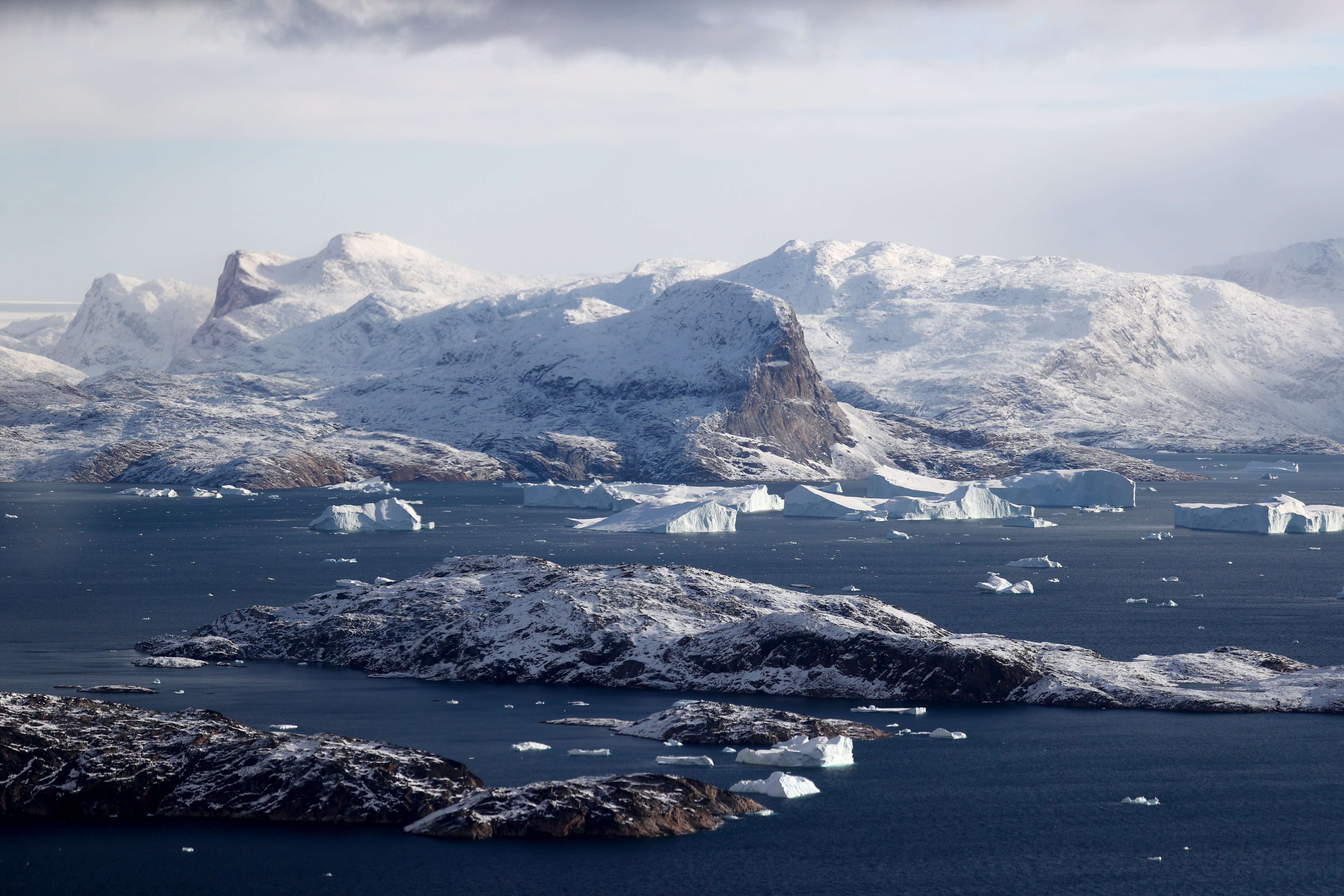 Icebergs seen from Nasa’s Oceans Melting Greenland (OMG) research aircraft this week, near...