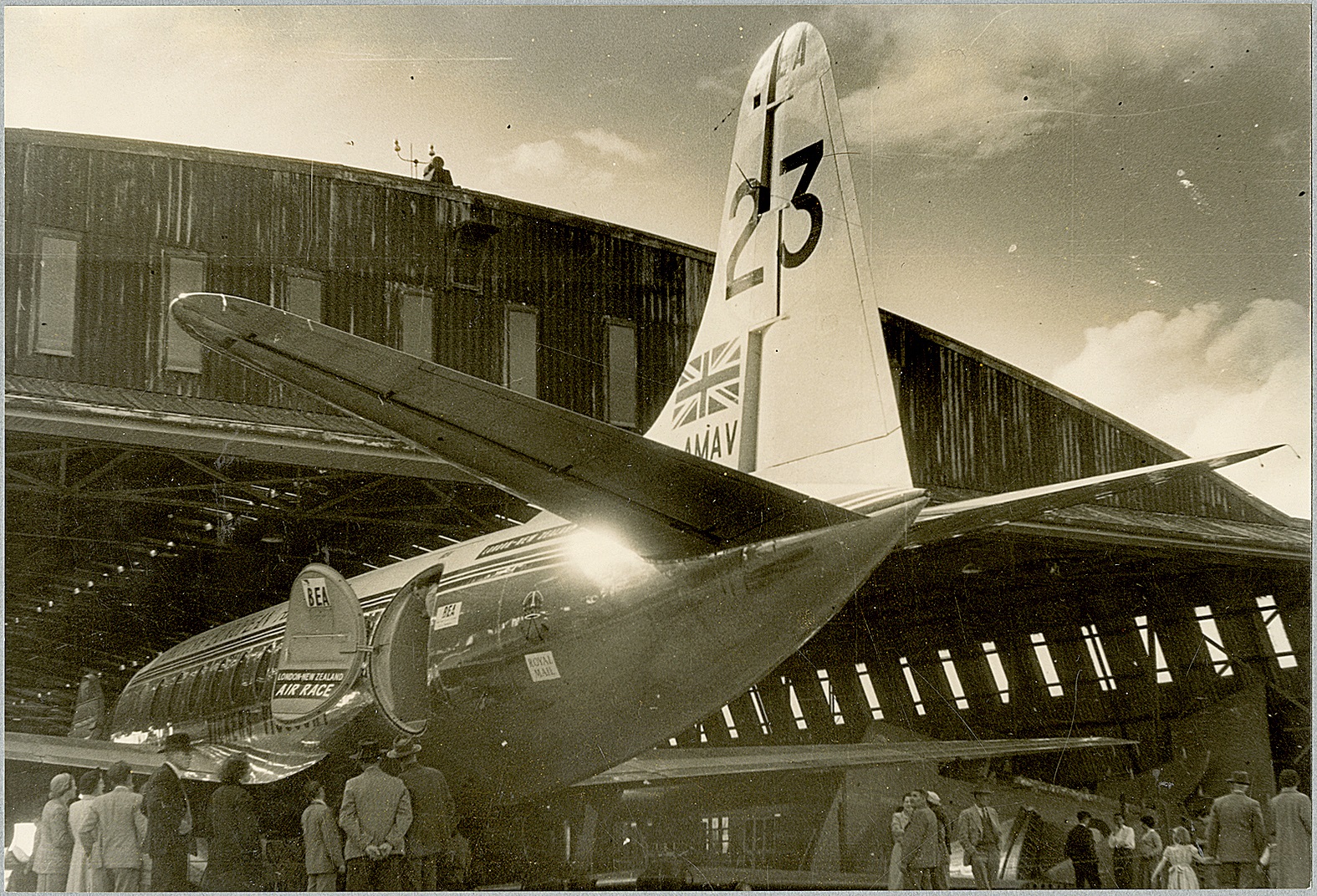 Crowds gather at Christchurch Airport to view the Vickers Viscount that flew here in the London...