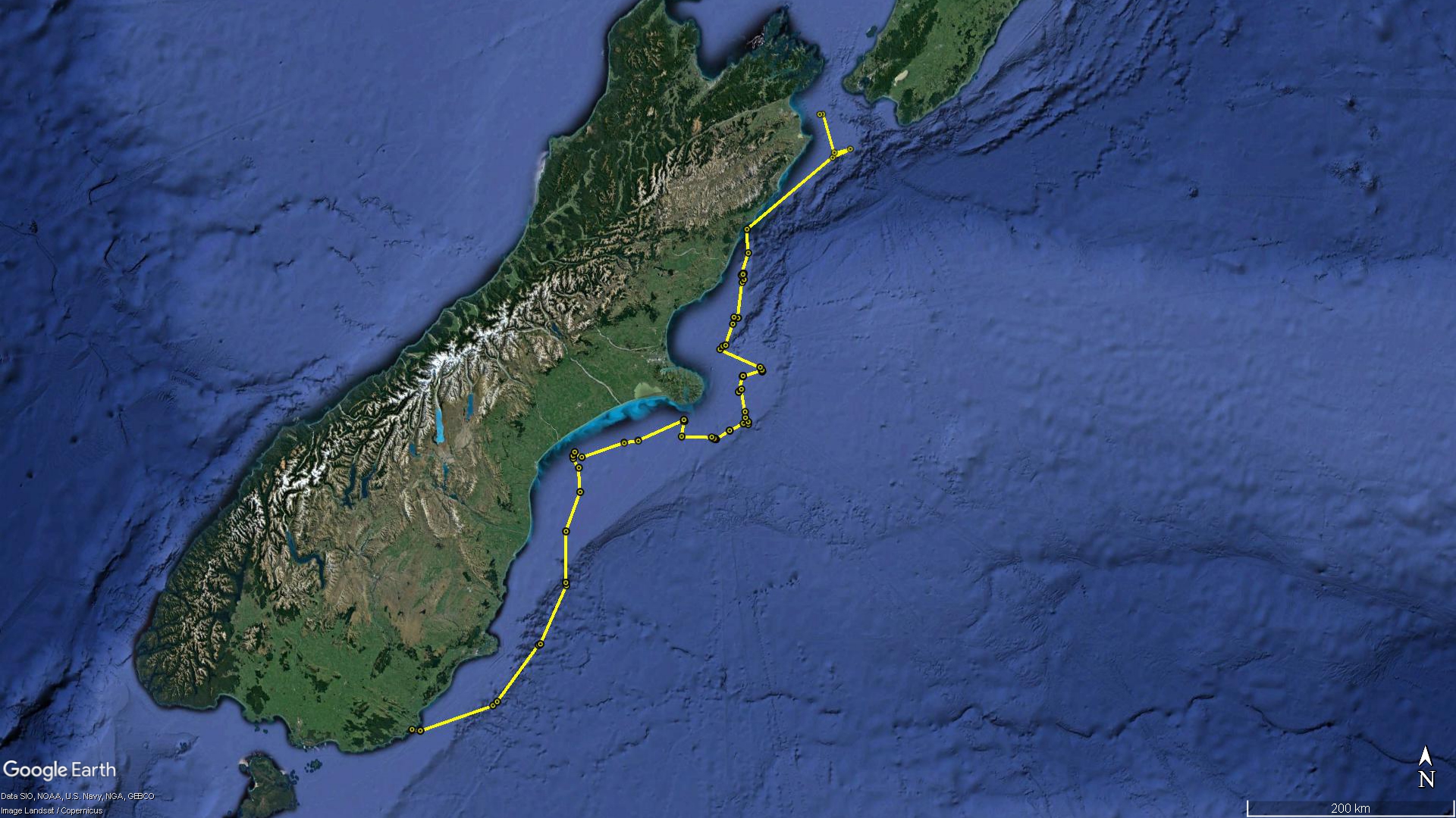 The map shows the trajectory of yellow-eyed penguin Takaraha, which has a transmitter on its back...