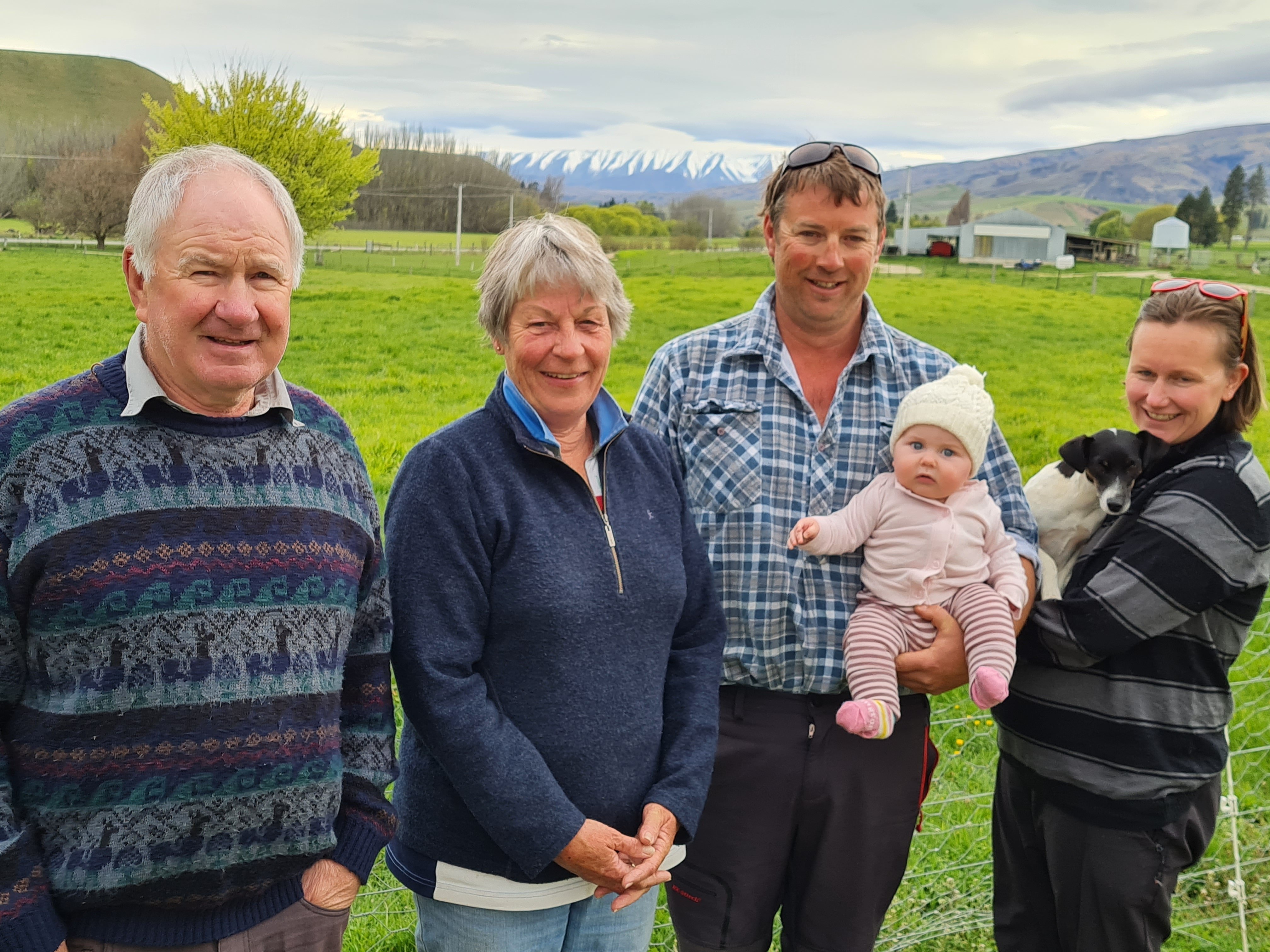 The Trevathan family of Tarras. From left, Beau and Ann Trevathan (third generation), Jonny Trevathan (fourth generation) holding daughter Maggie Trevathan (6 months, fifth generation) and Jonny's partner Paula Macfie, holding dog Tui. Photo: Marjorie Coo