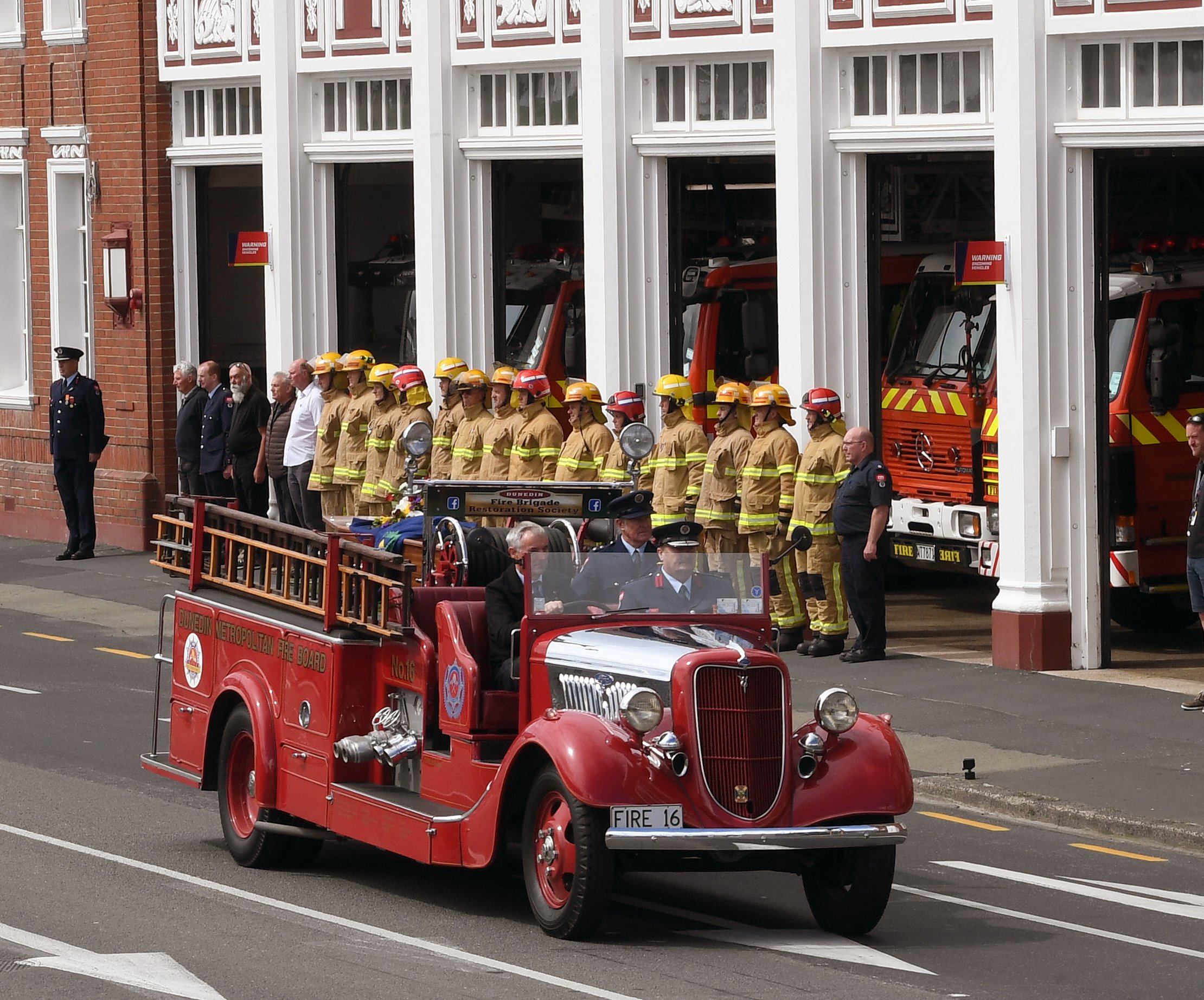 Dunedin Fire and Emergency New Zealand staff stand in front of the Dunedin Central Fire Station...