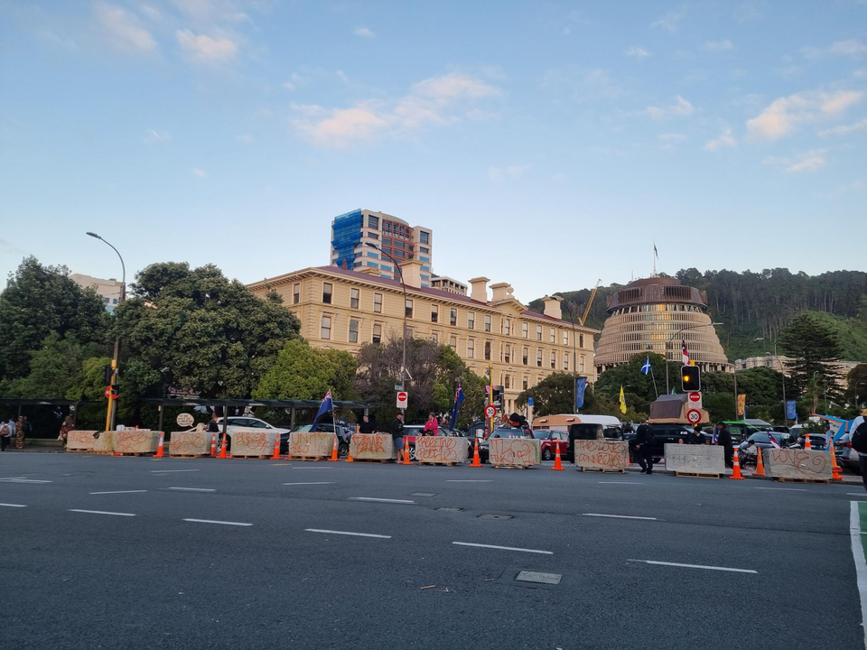 Concrete blocks were placed around the boundary of the protest early this morning. credit: RNZ