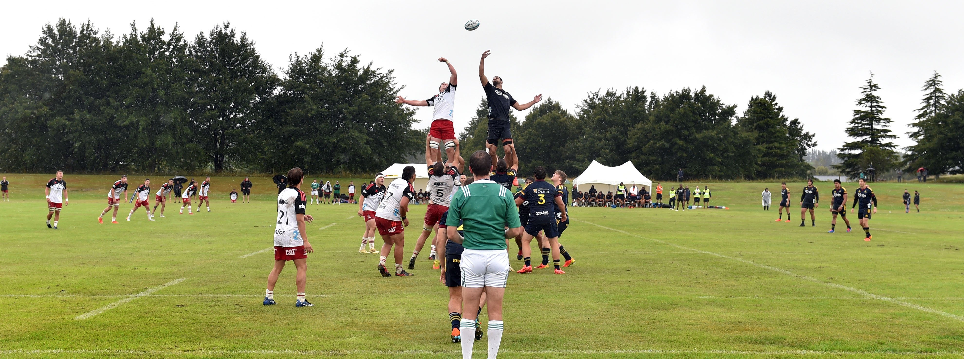 Highlander and Crusader jumpers go high for the ball during their pre-season Super Rugby Pacific...