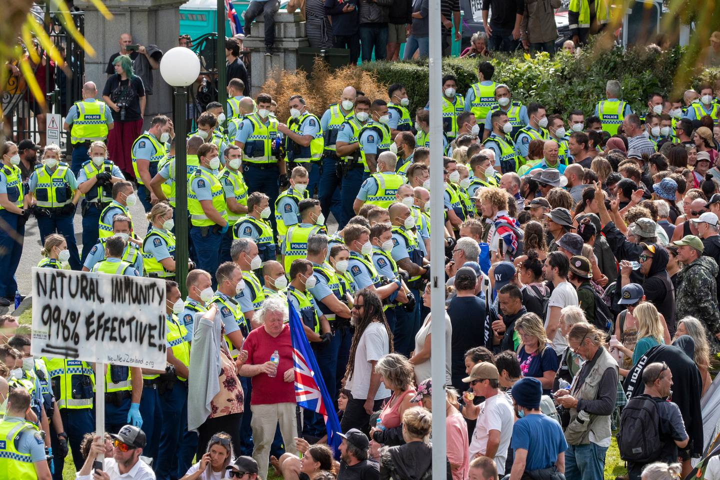 Protesters and police in a stand-off outside Parliament. Photo / Mark Mitchell