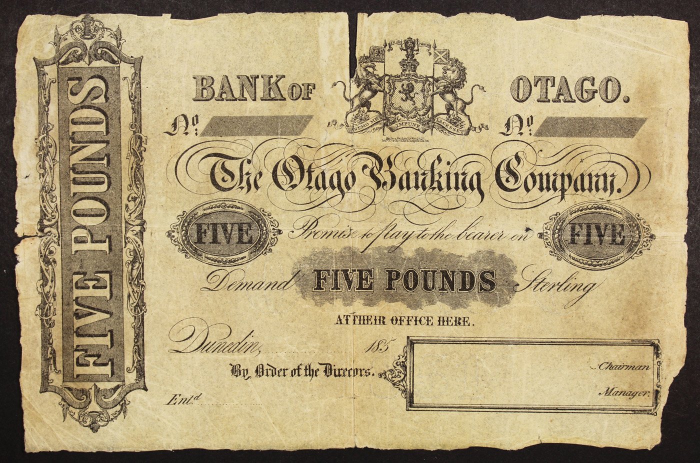 An Otago Banking Company £5 note which never went into circulation, fetched 150 times its printed...