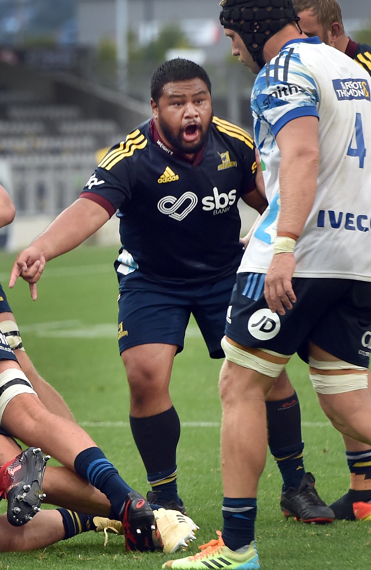 Highlanders hooker Andrew Makalio bellows out an order during the game against the Blues at...