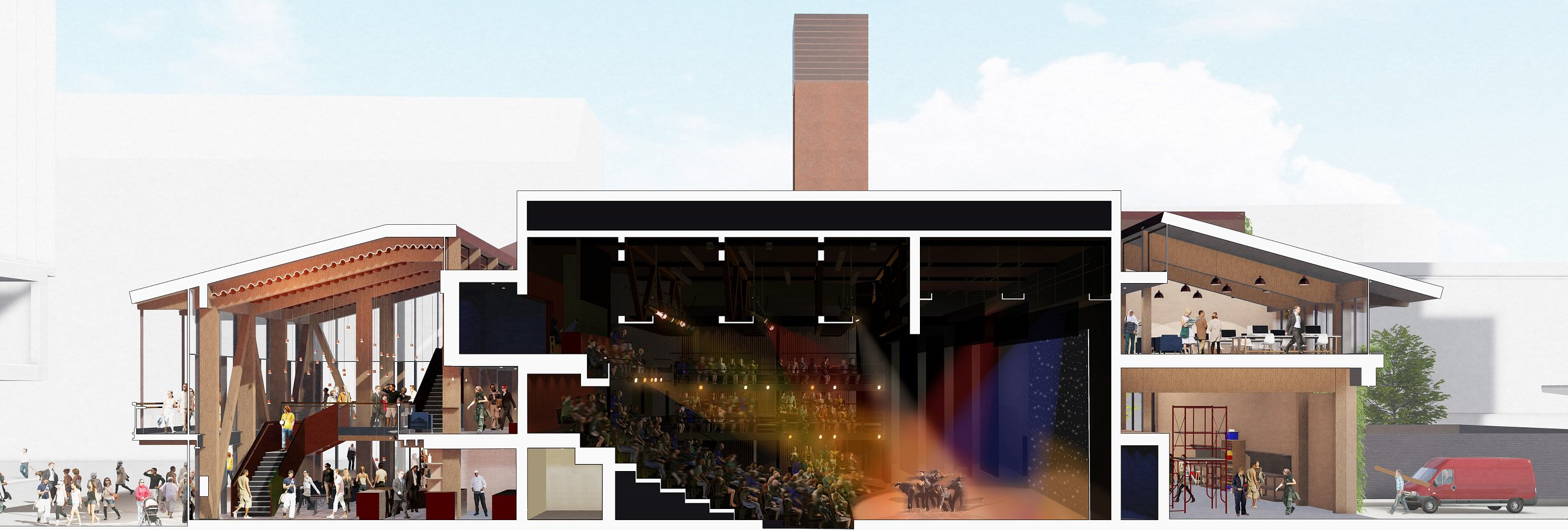 A cross-section view of The Court Theatre. The preliminary designs for the new theatre were...