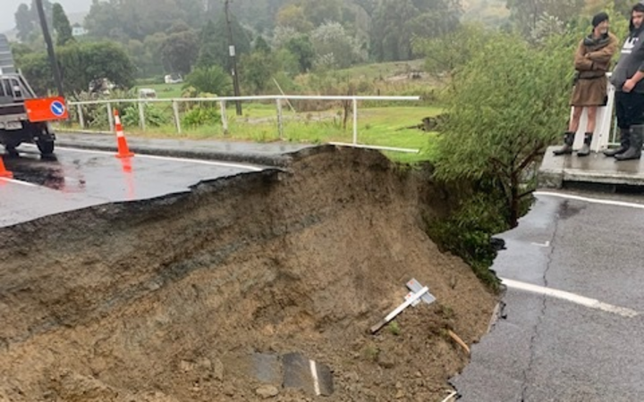 The approach to the bridge at Tokomaru Bay has been washed out. Photo: NZ Police