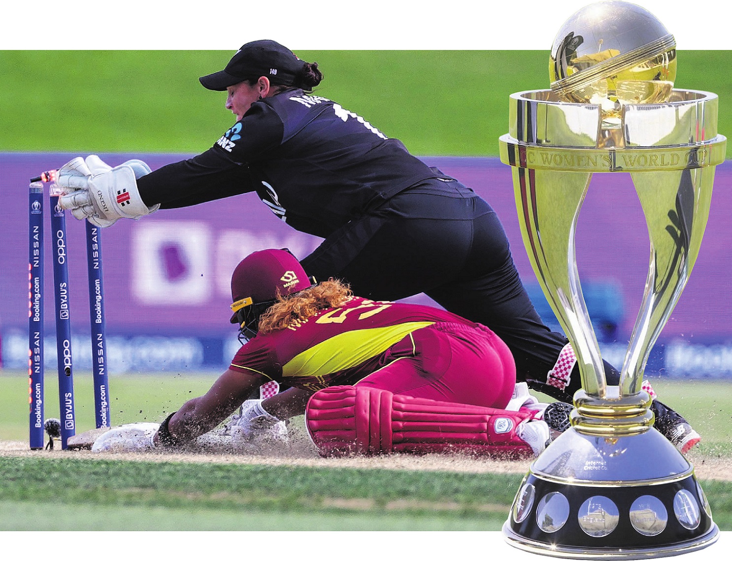 New Zealand’s Katey Martin attempts to run out Hayley Matthews, of the West Indies, as she...