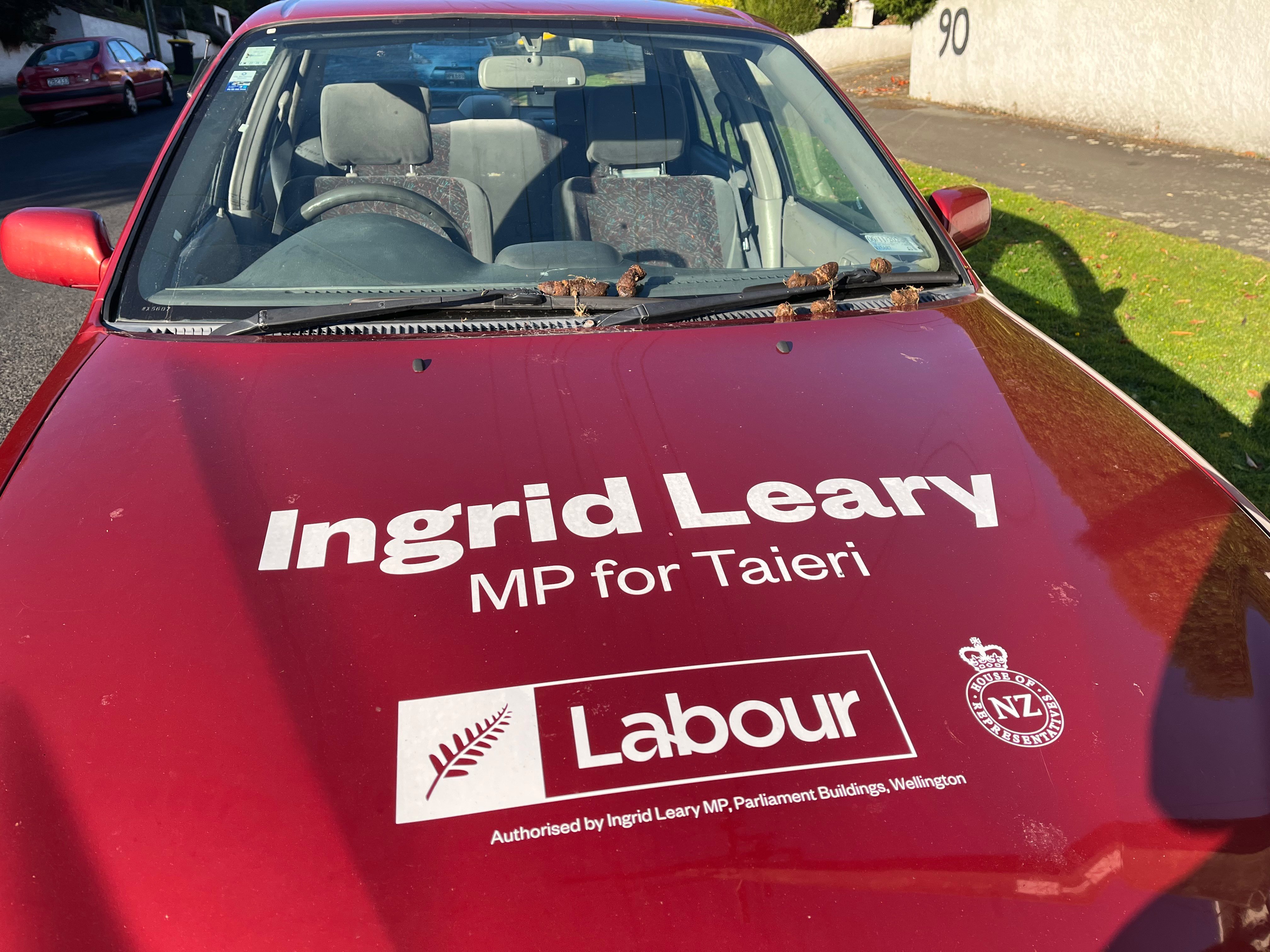 Faeces litter the bonnet of Taieri MP Ingrid Leary’s car yesterday. PHOTO: SUPPLIED