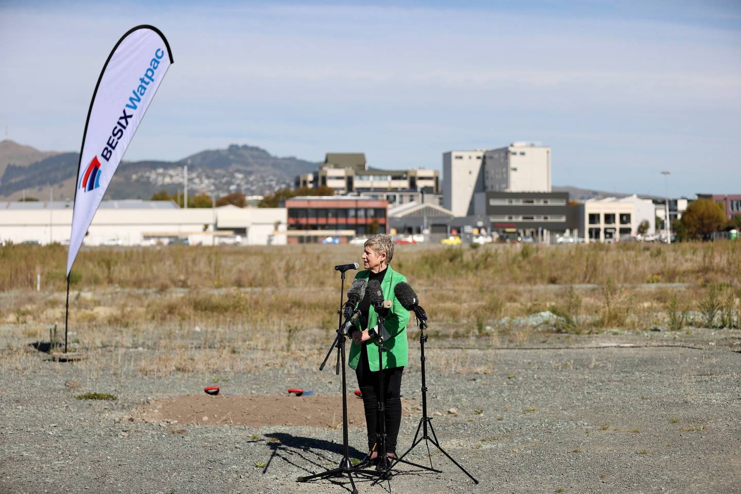 Christchurch Mayor Lianne Dalziel speaking at the sod-turning ceremony. Photo: George Heard