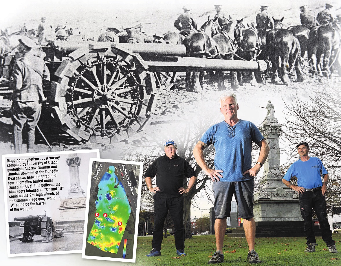 At the site where they believe a giant gun has been hidden beneath the ground are (from left)...