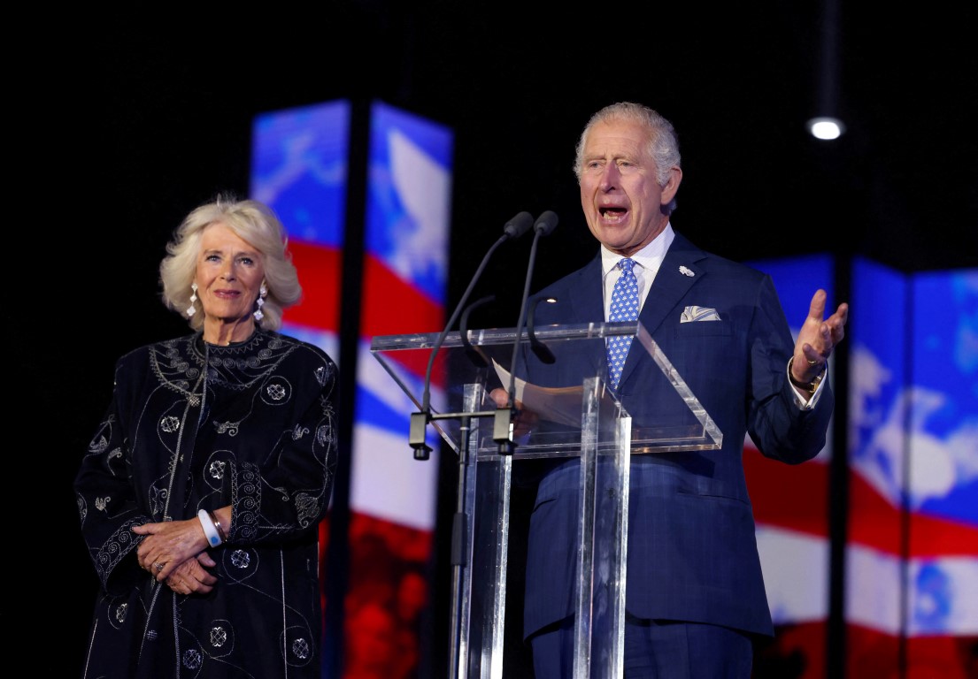 Prince Charles speaks to the crowd during Queen Elizabeth's Platinum Jubilee concert in front of...