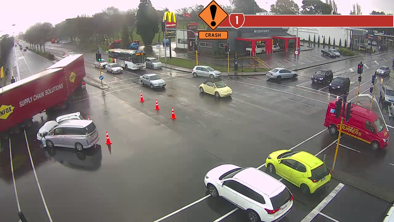 The crash on Main South Rd at the intersection with Goulding Ave. Photo: Waka Kotahi NZ Transport...