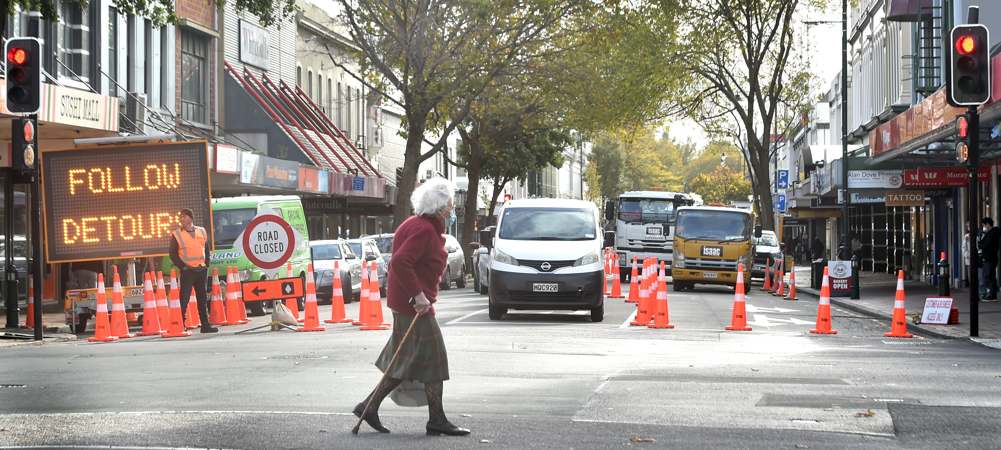 Traffic is restricted to one lane in the Farmers block of George St, Dunedin, where an upgrade...