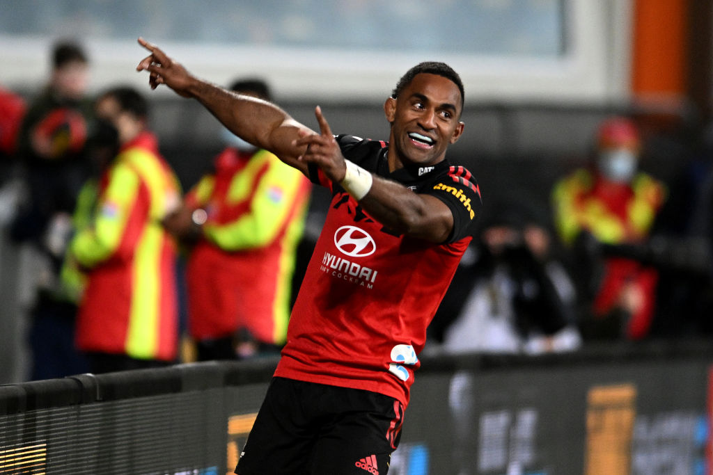 The Crusaders' Sevu Reece celebrates his try against the Reds. Photo: Getty 