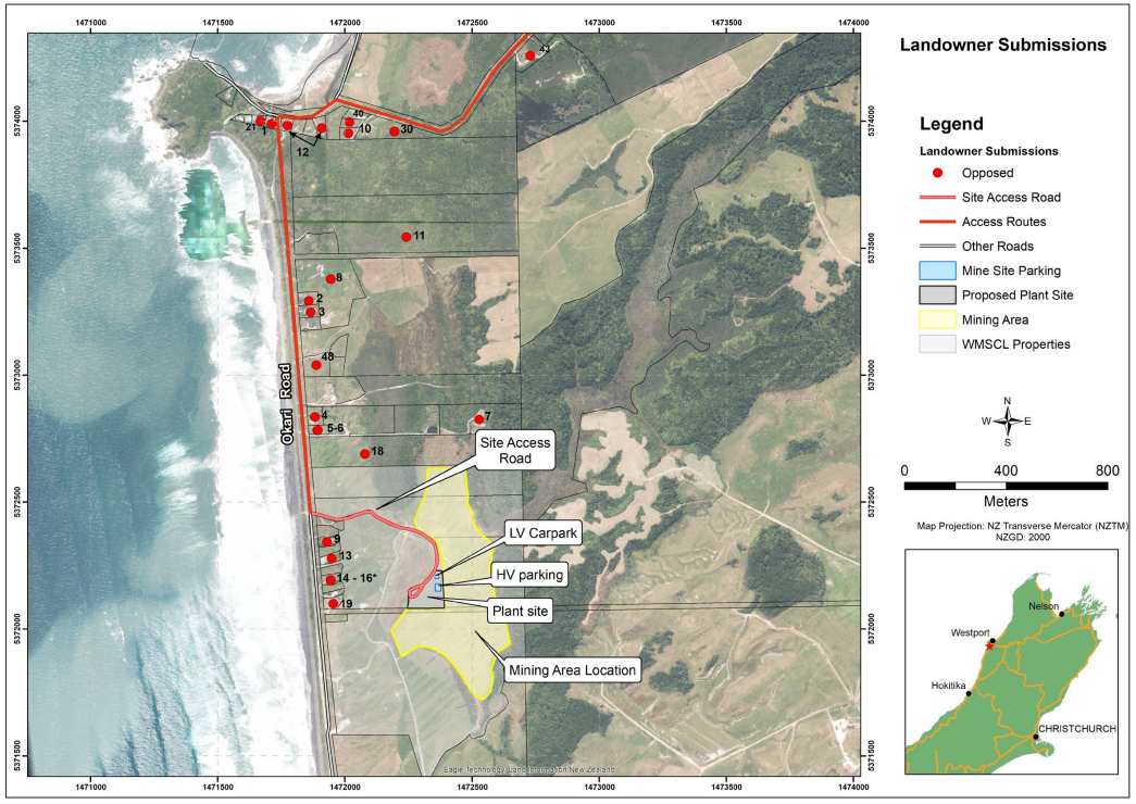 Map of the proposed mine site at Okari with opposing landowners marked in red. Overall 109...