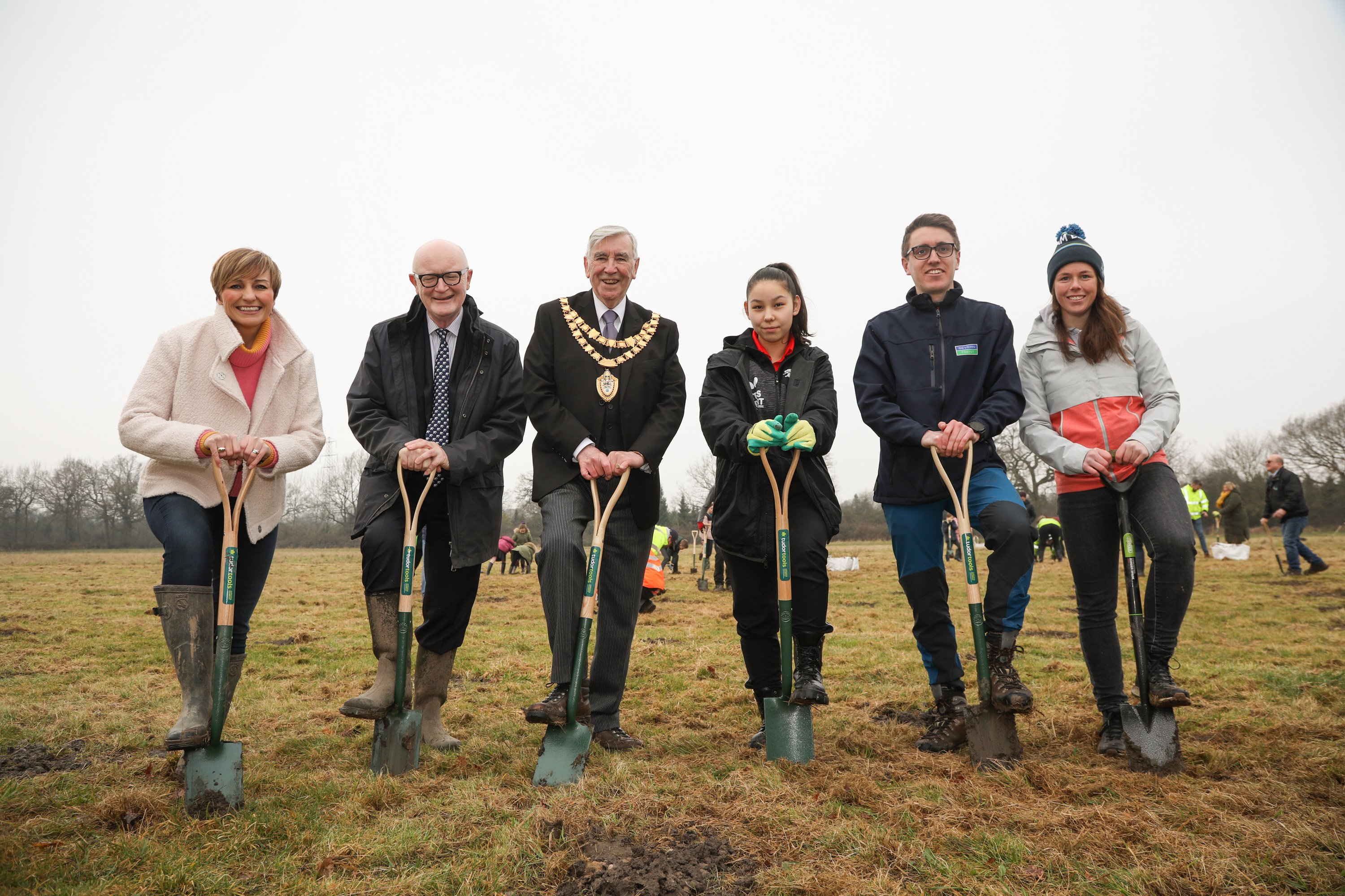 Mayor of Solihull Ken Meeson, Severn Trent staff and others plant some of the first Games forest...