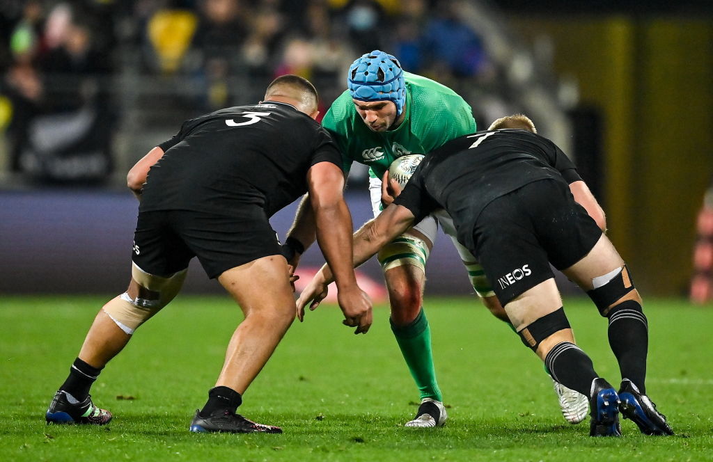 Ireland's Tadhg Beirne tries to bust through the New Zealand defence. Photo: Getty Images