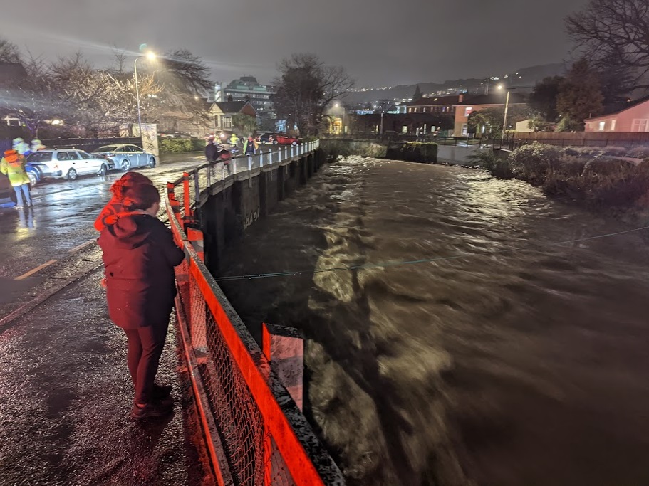 A swollen Water of Leith in Dunedin last night. Photo: Vaughan Elder