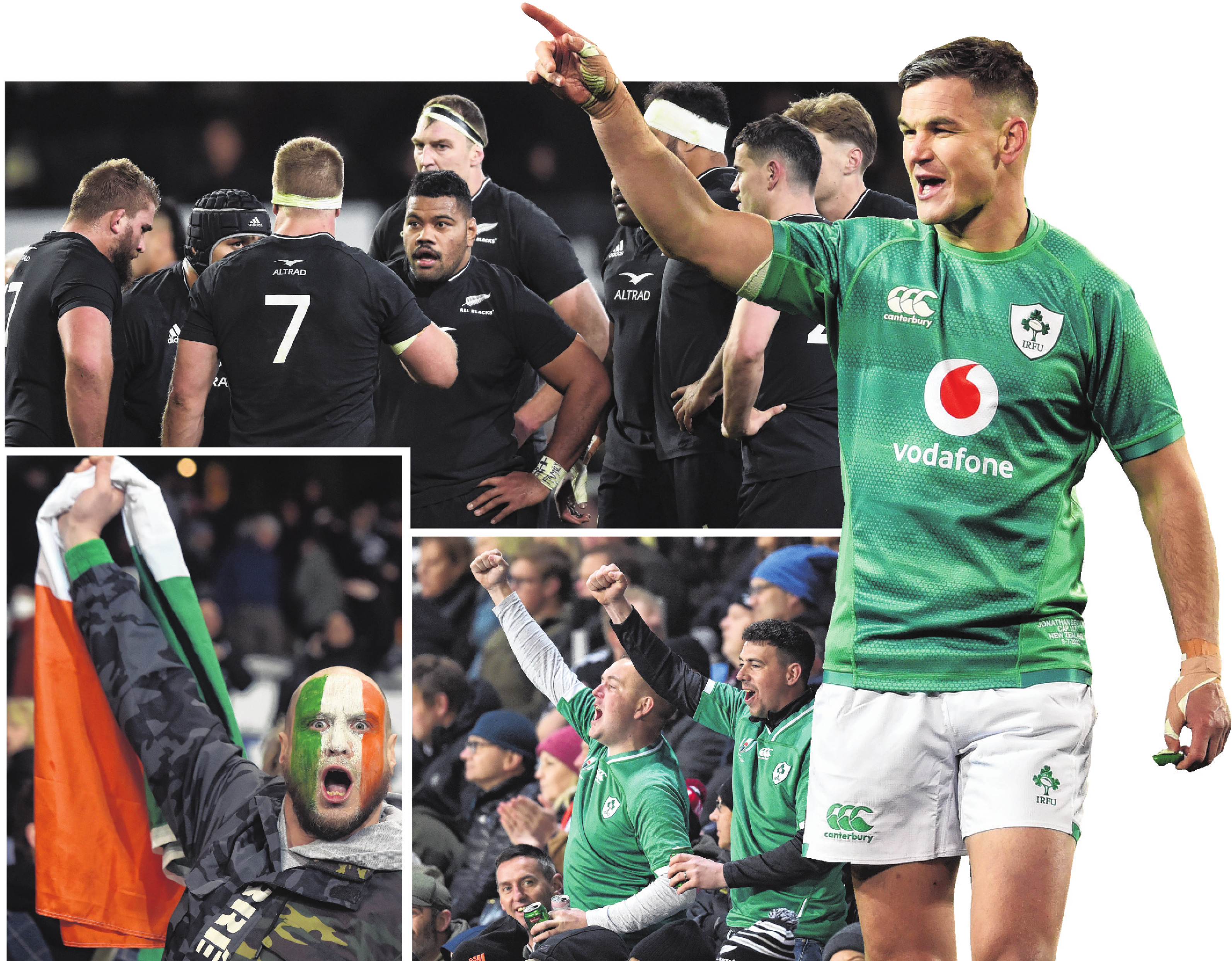 Irish captain Johnny Sexton raises his arm in jubilation as his team extends its lead over the...