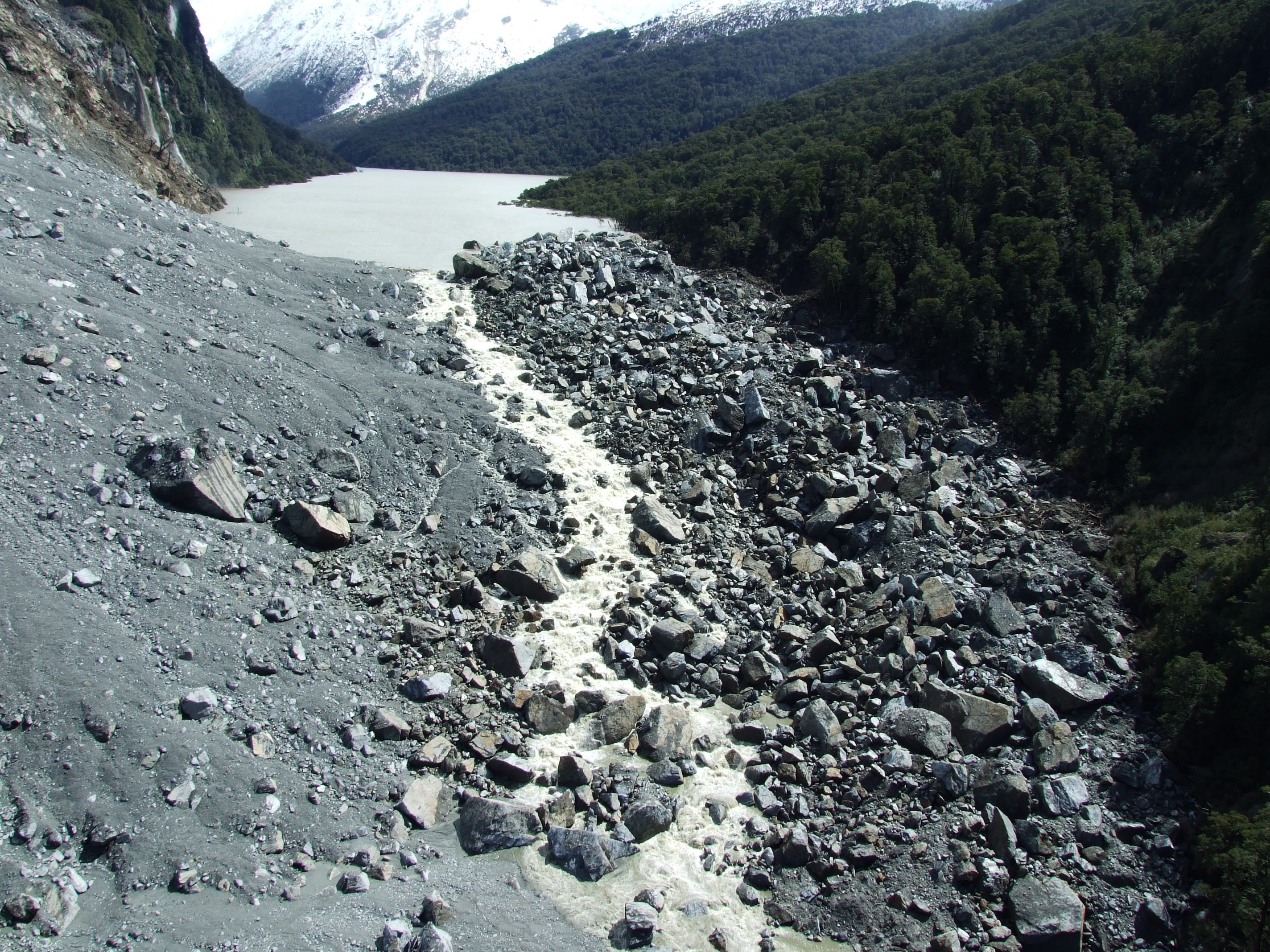 A photo from the ODT archives shows the Young Valley landslide dam during previous Code Red...