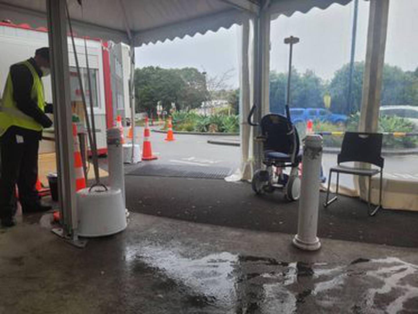 Water leaking through a tent outside North Shore Hospital's emergency department. Photo: Supplied