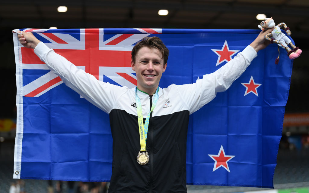 Gold medal-winner Corbin Strong celebrates on the podium after his victory in the Men's Track...