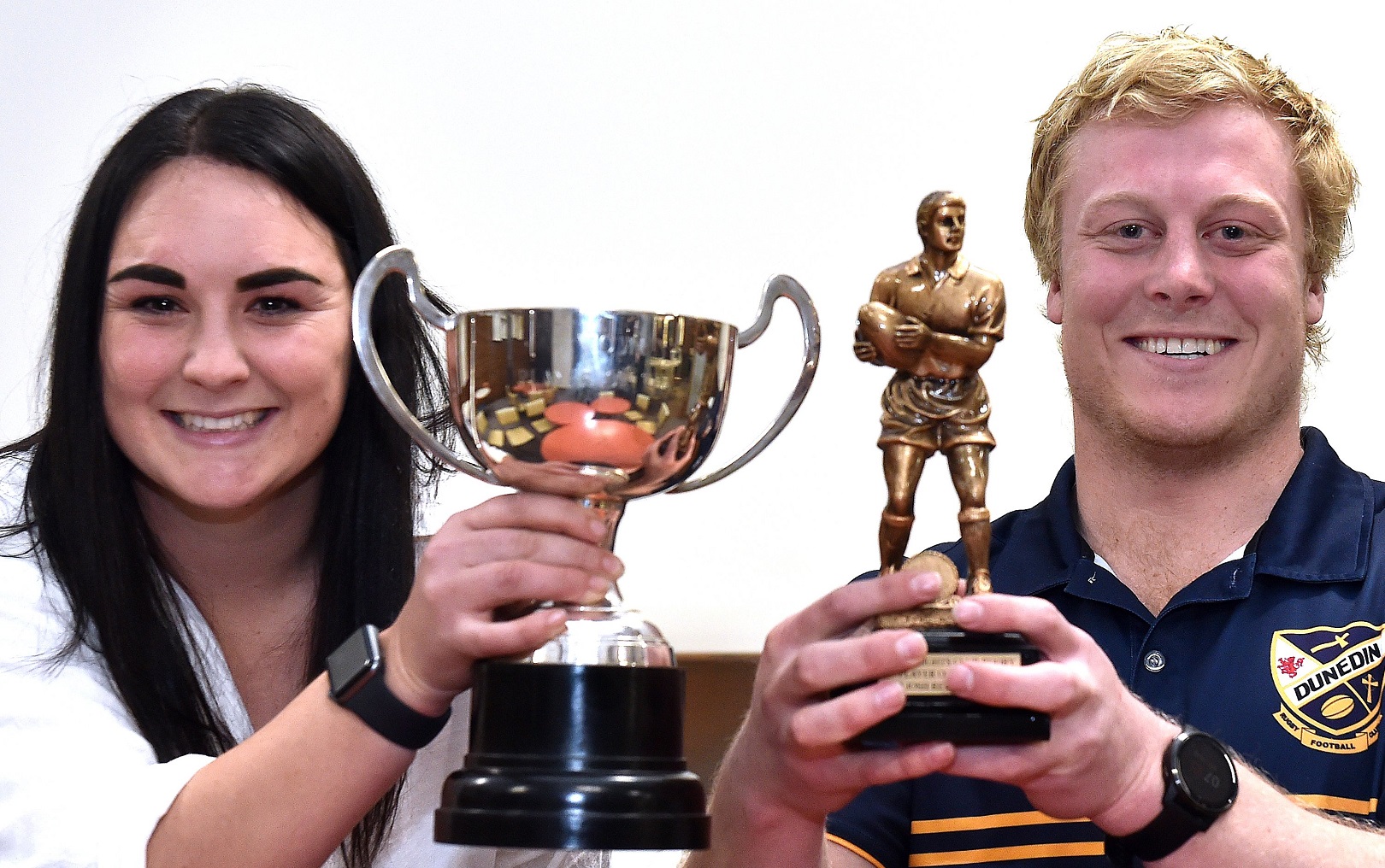 Tegan Hollows, left and Josh Retter during the Otago Rugby Union club rugby awards at the Dunedin...