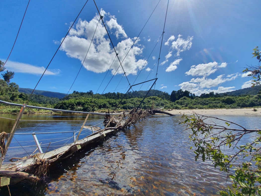 The flood-damaged Heaphy Bridge on the Heaphy Track. Photo: Doc