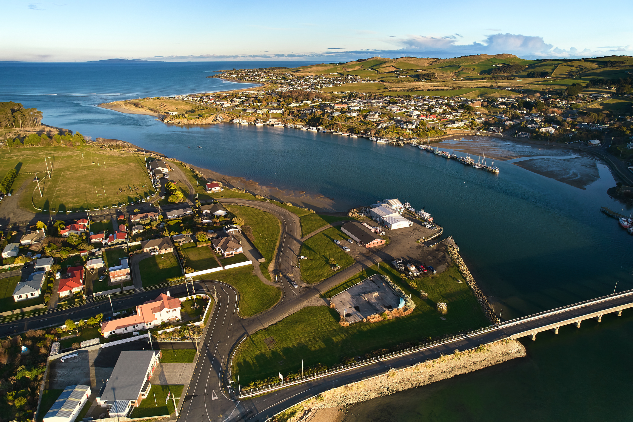 High view of Riverton / Aparima, near Invercargill. Riverton straddles the estuary formed by the...