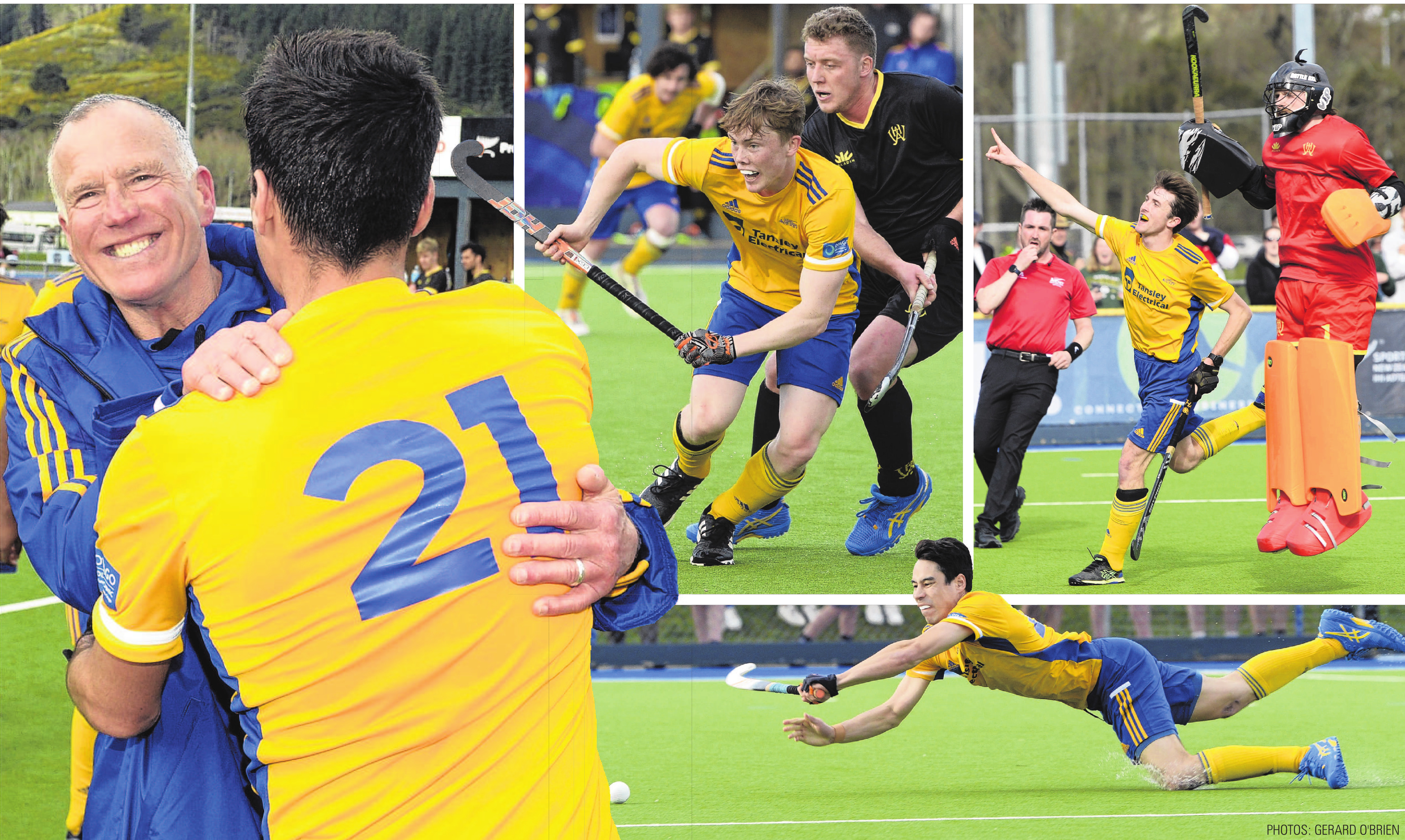 (Clockwise from left:) Otago coach Dave Ross congratulates his son Nick after their win against...